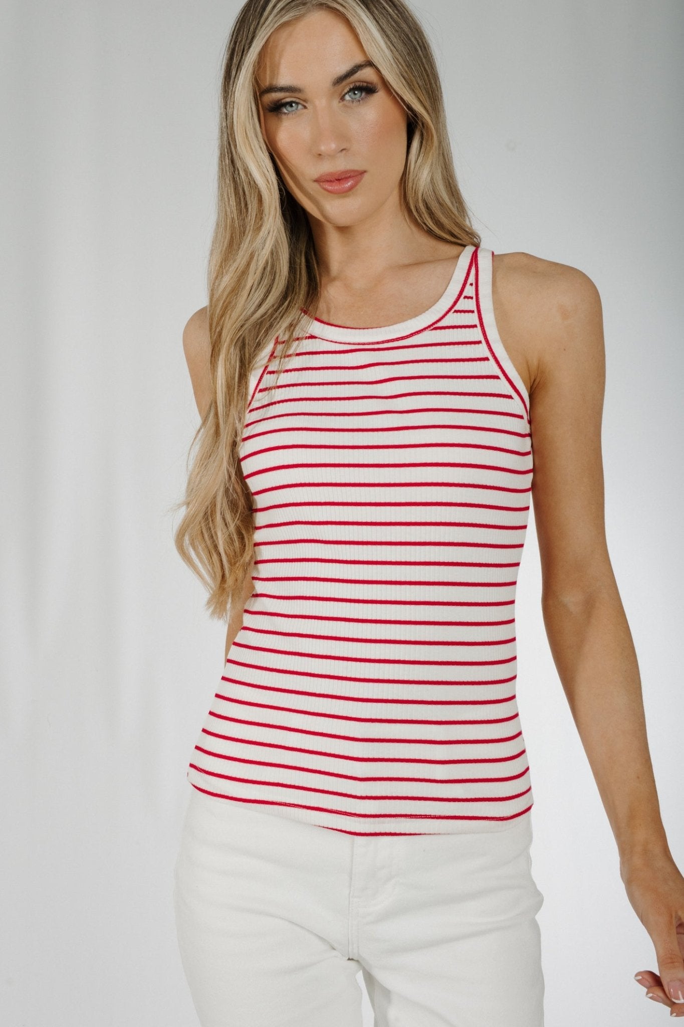 Ally Stripe Vest Top In White & Red - The Walk in Wardrobe