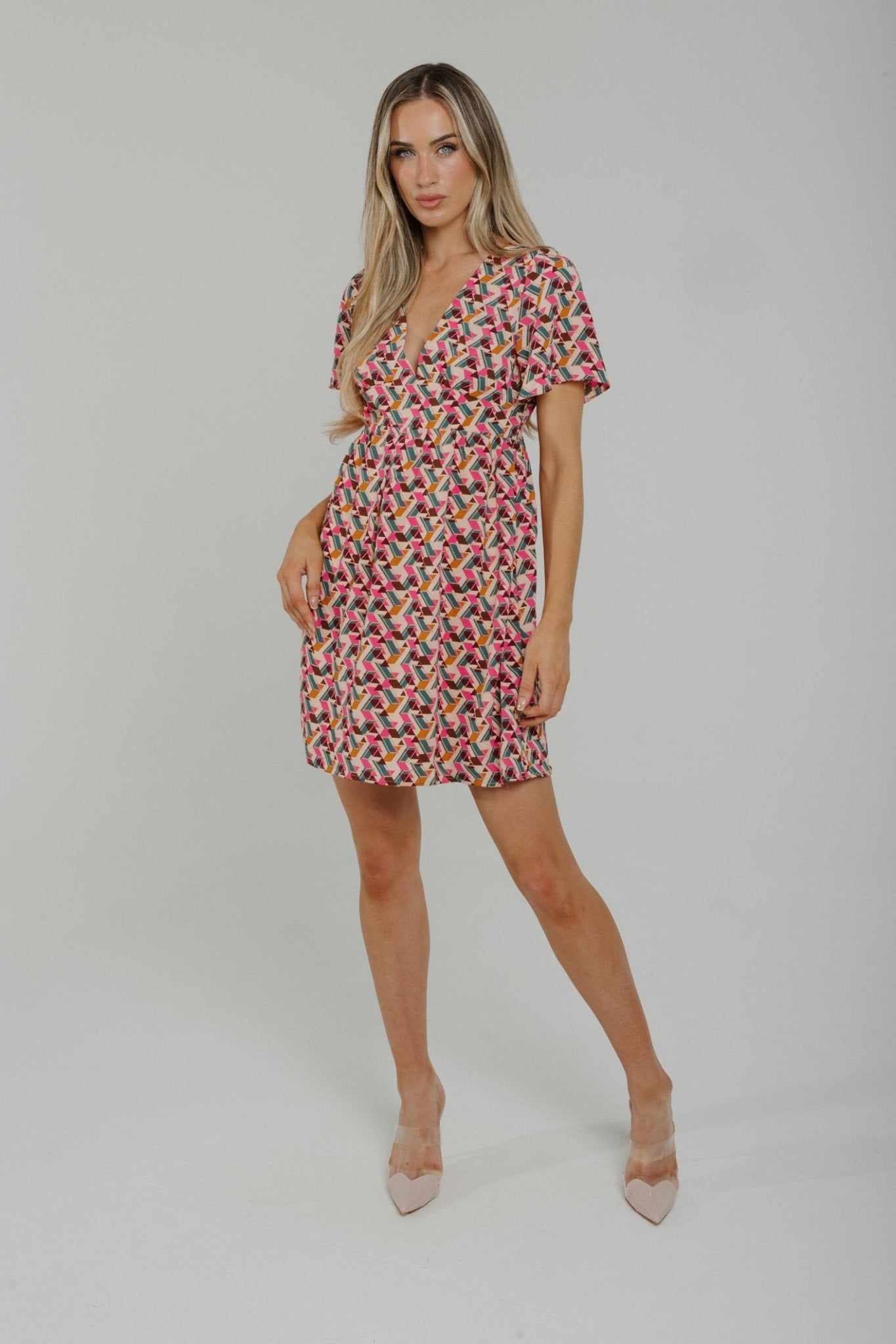 Ally V-Neck Dress In Pink Mix - The Walk in Wardrobe