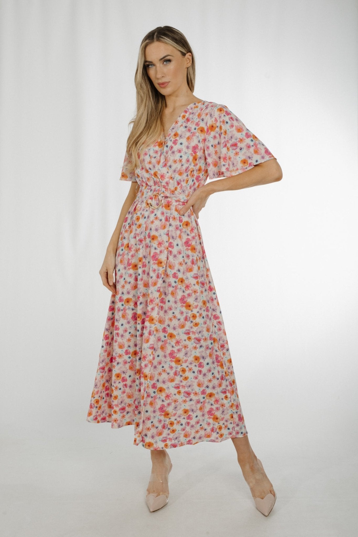 Ally V-Neck Floral Mid Dress In Pastel Mix - The Walk in Wardrobe