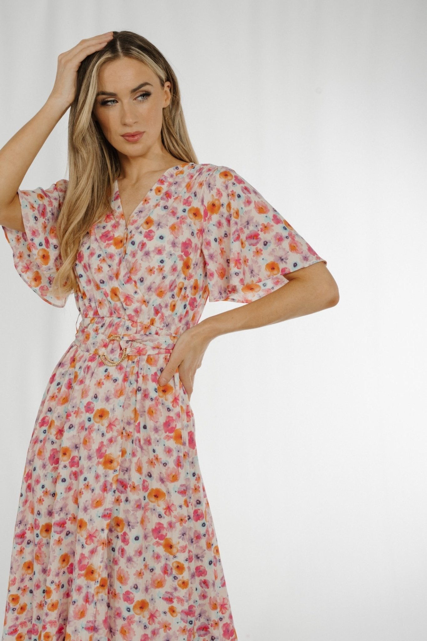 Ally V-Neck Floral Mid Dress In Pastel Mix - The Walk in Wardrobe