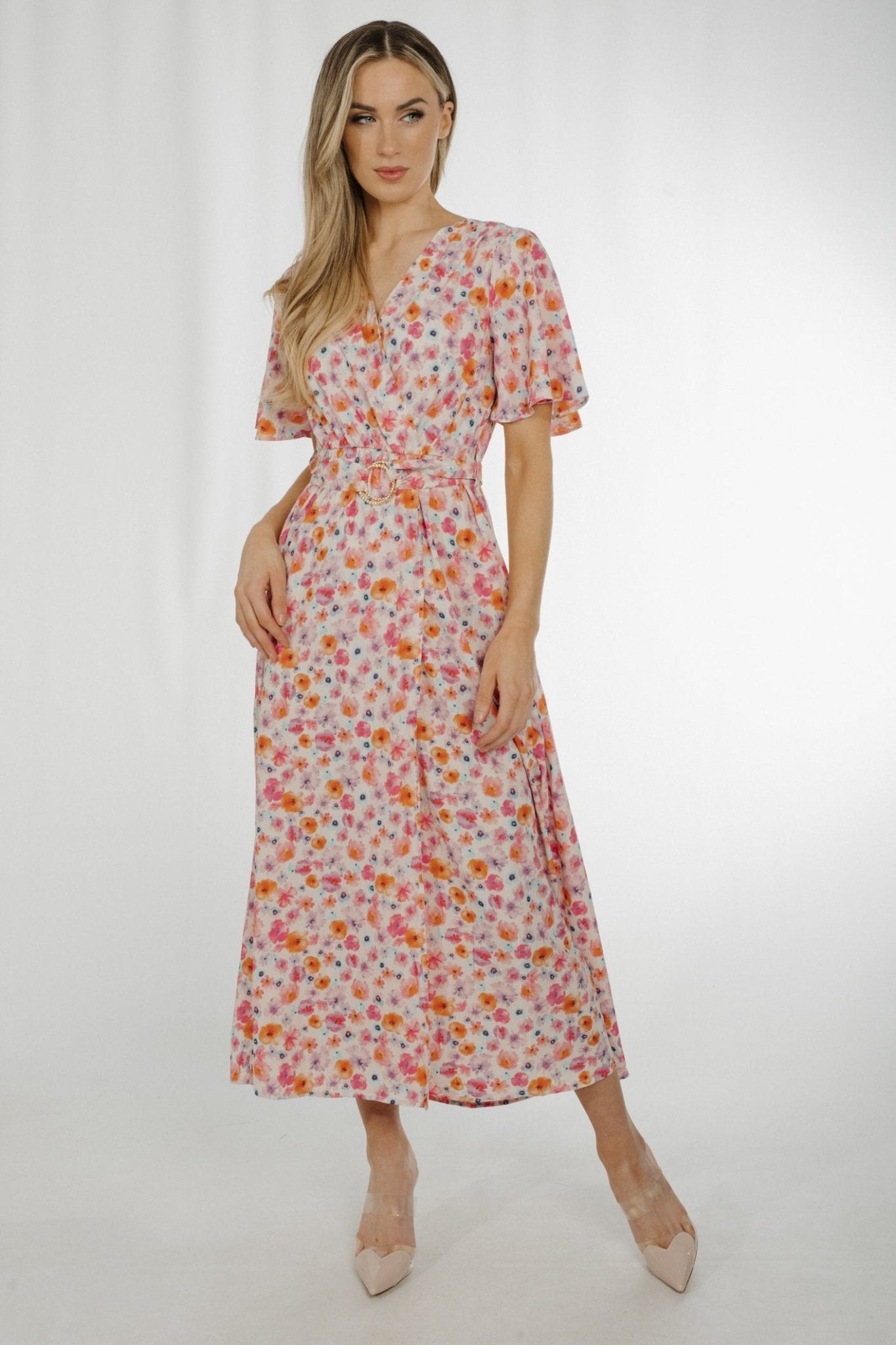 Ally VNeck Floral Midi Dress In Pastel Mix The Walk in Wardrobe