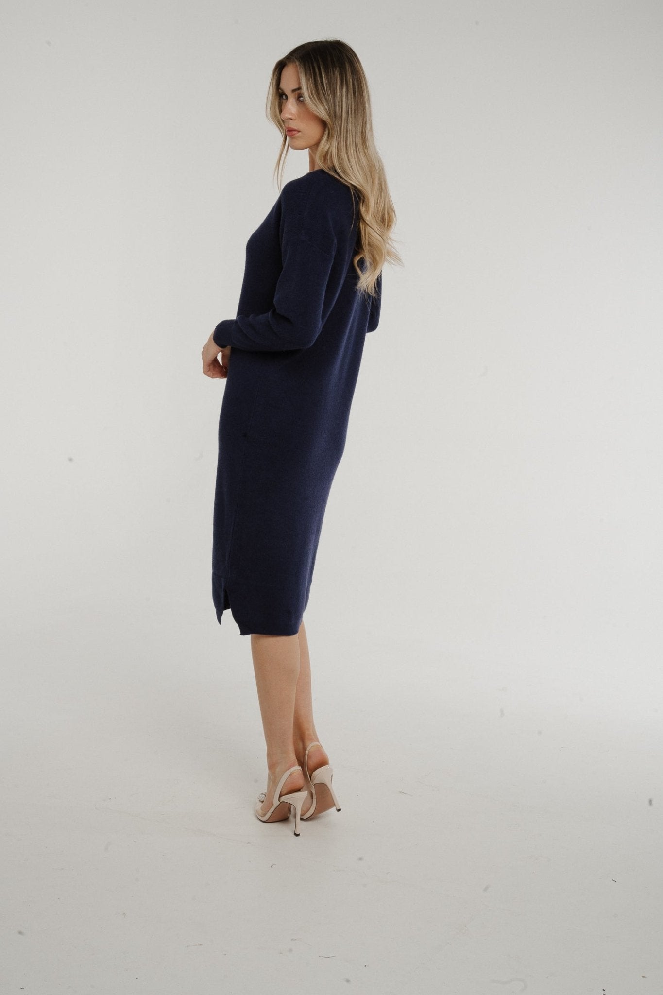 Ally V-Neck Knit Midi Dress In Navy - The Walk in Wardrobe