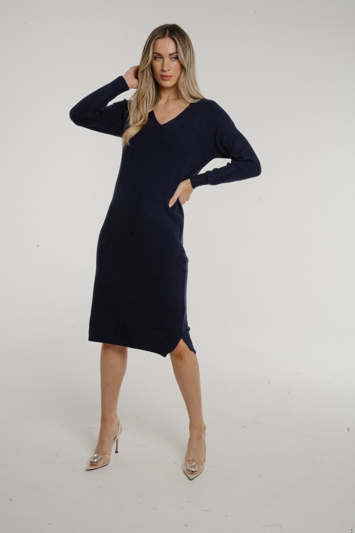 Ally V-Neck Knit Midi Dress In Navy - The Walk in Wardrobe