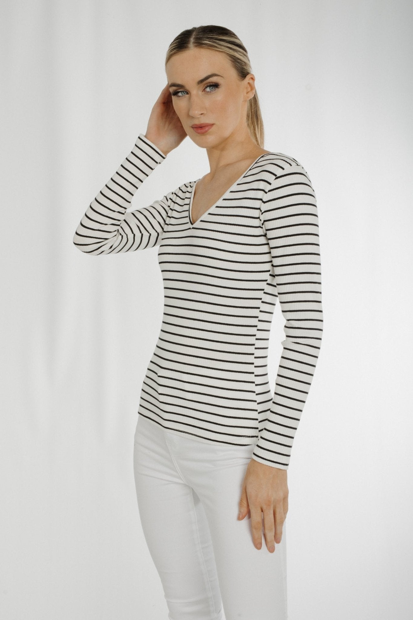 Ally V-Neck Stripe Top In White & Black - The Walk in Wardrobe
