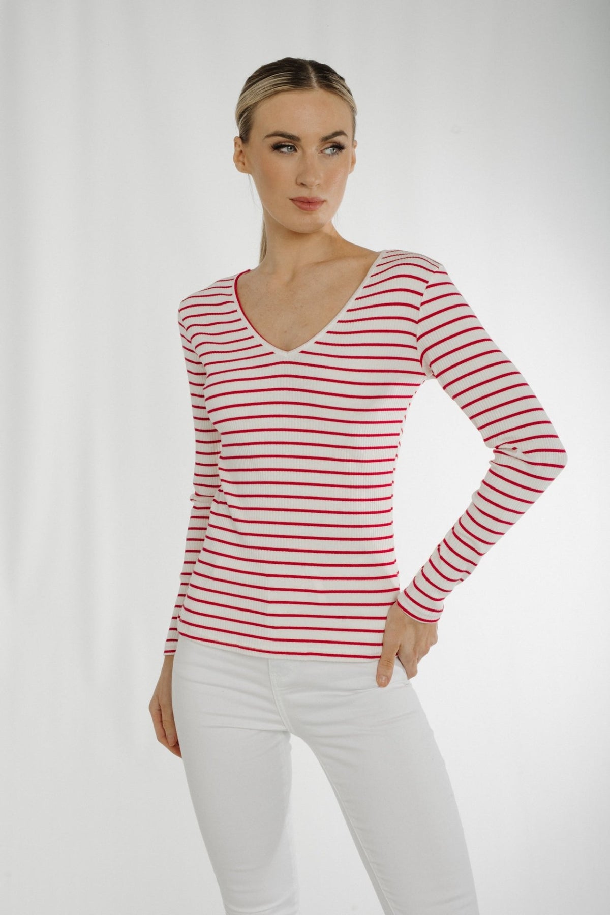 Ally V-Neck Stripe Top In White & Red - The Walk in Wardrobe