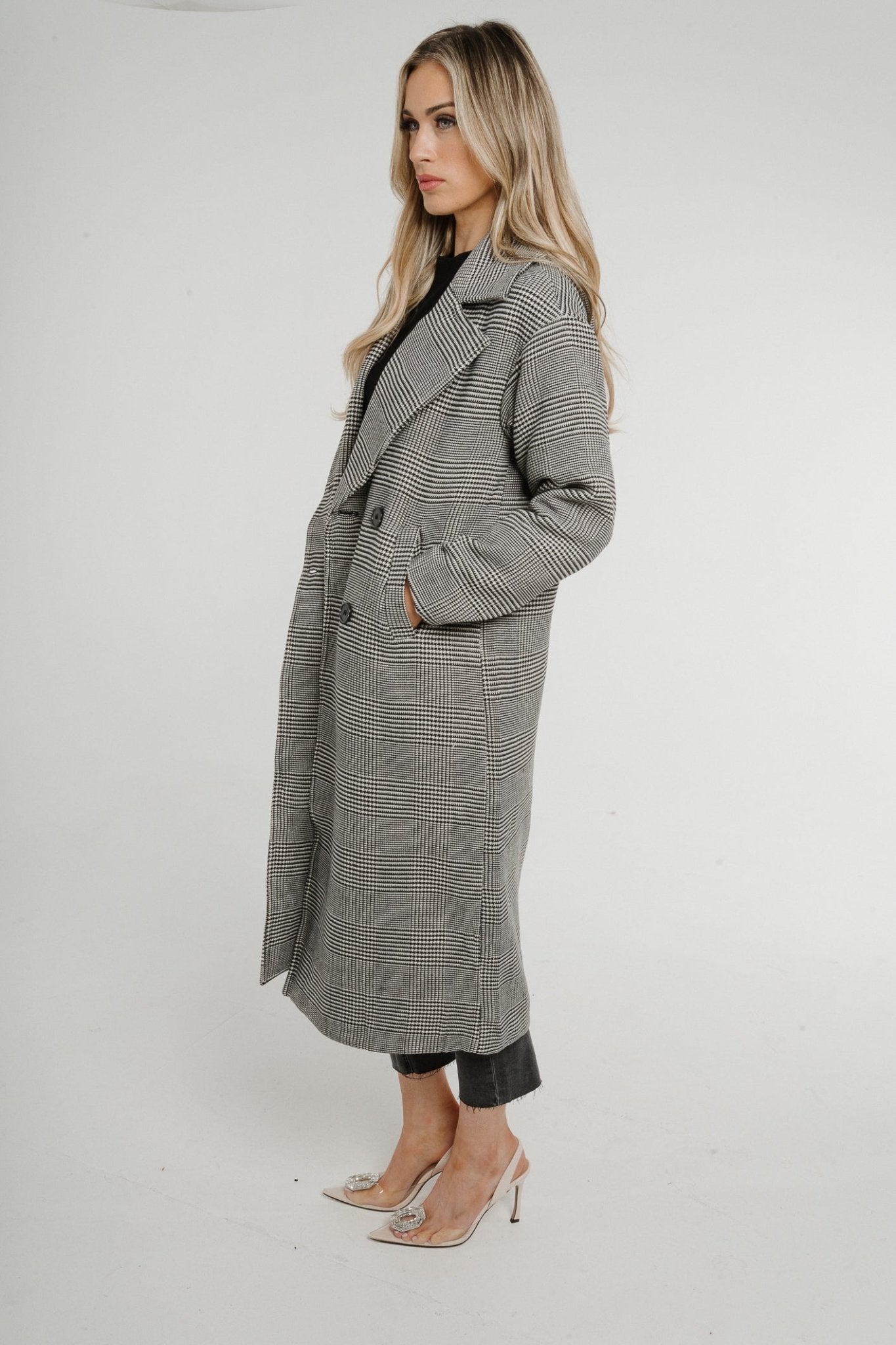 Arabella Check Coat In Monochrome - The Walk in Wardrobe