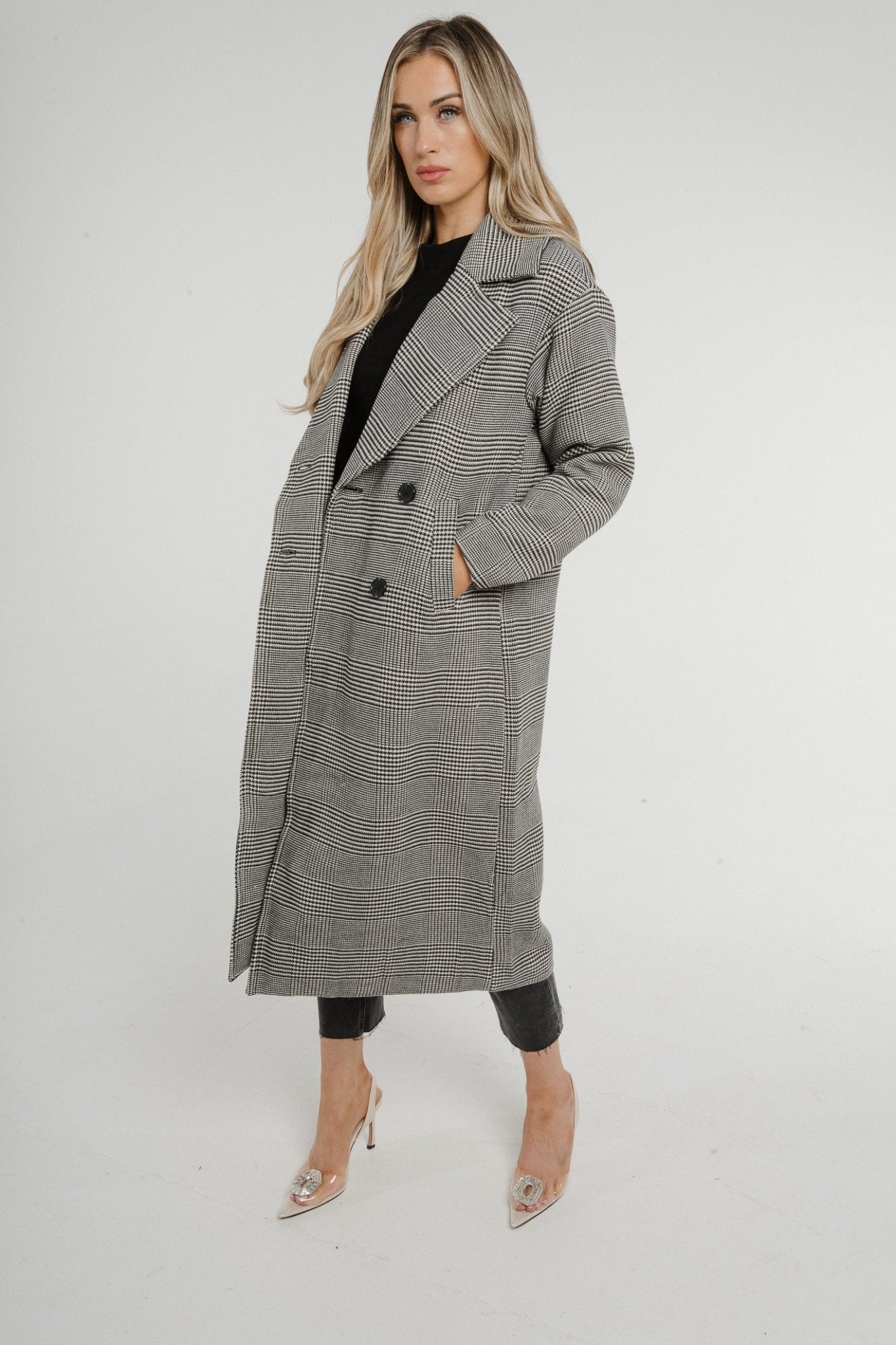Arabella Check Coat In Monochrome - The Walk in Wardrobe