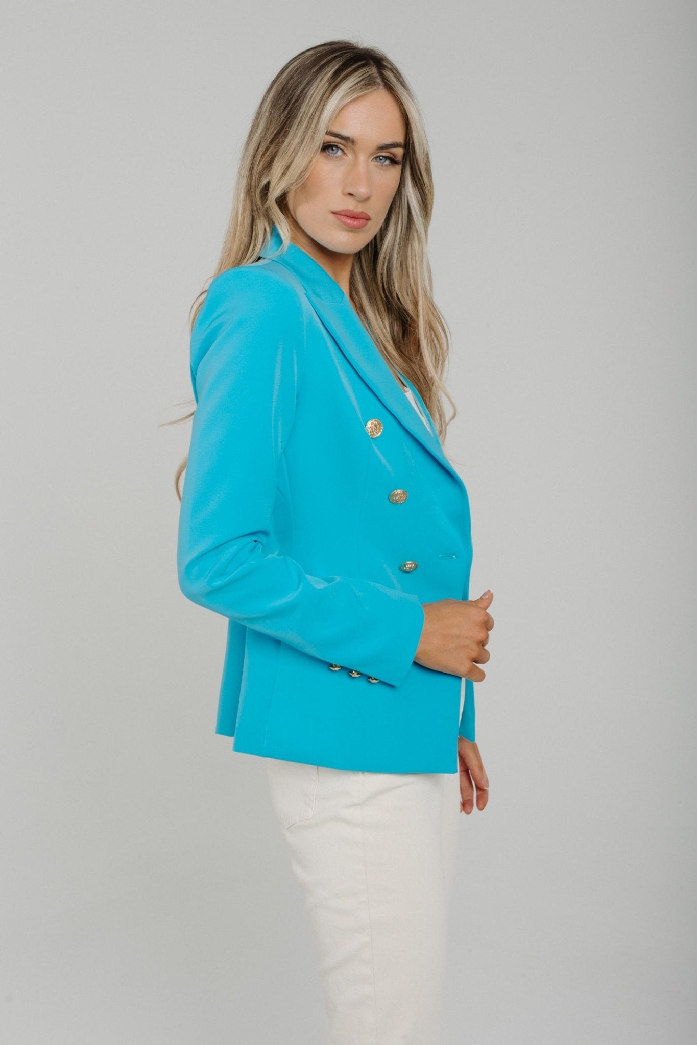 Arabella Gold Button Blazer In Blue - The Walk in Wardrobe