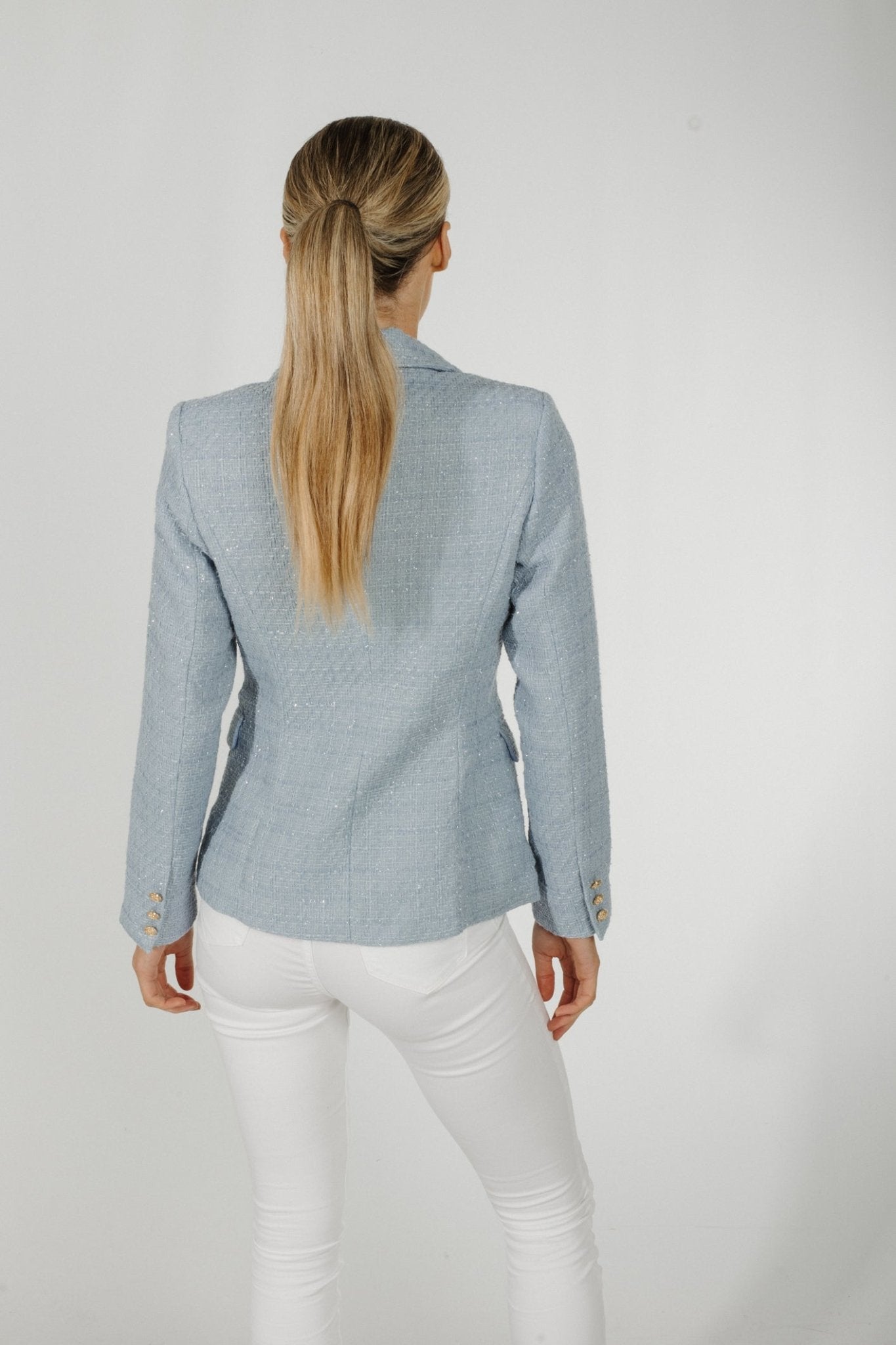 Arabella Tweed Detail Blazer In Blue - The Walk in Wardrobe