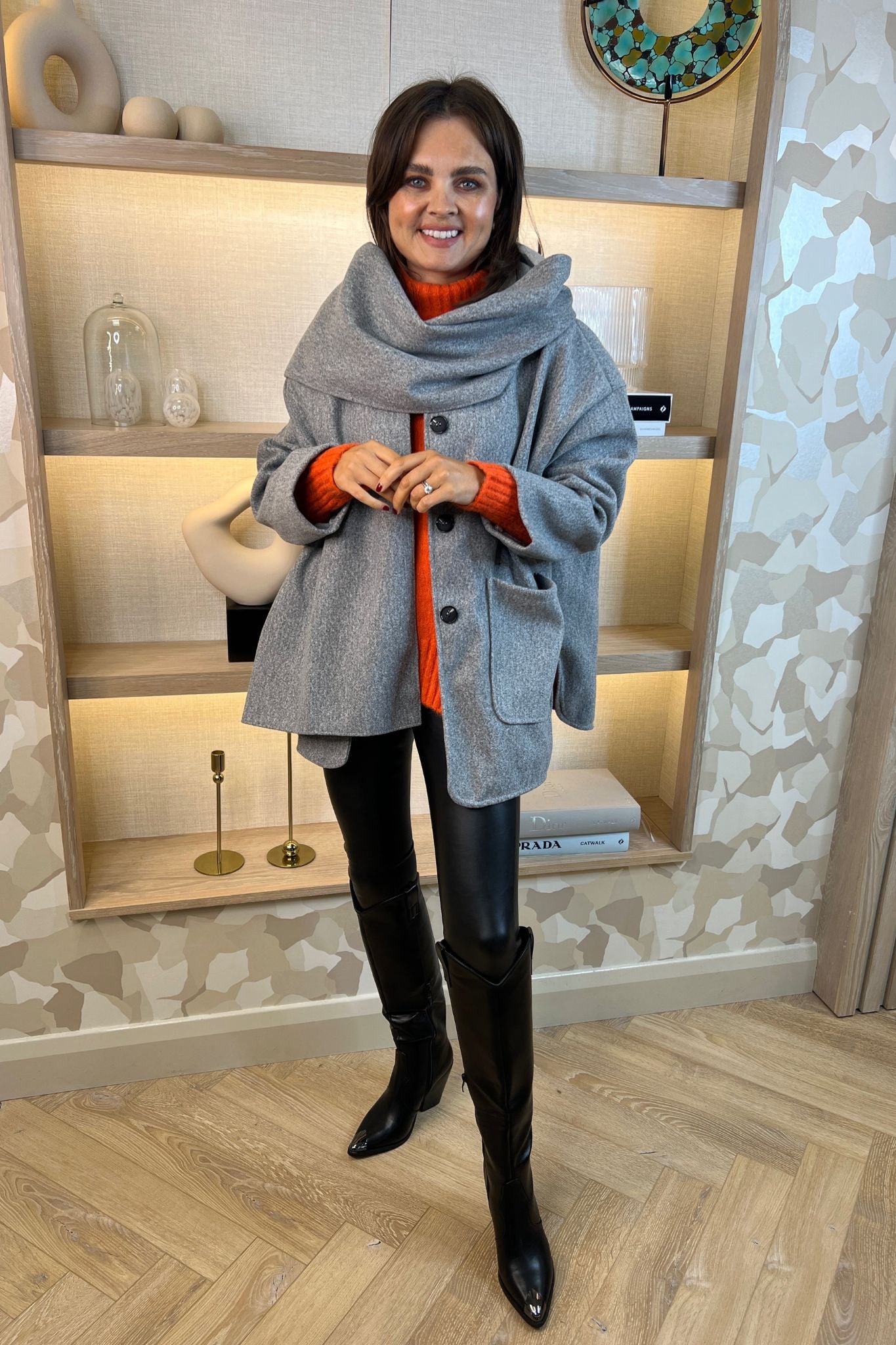 Aria Jacket With Scarf In Grey - The Walk in Wardrobe