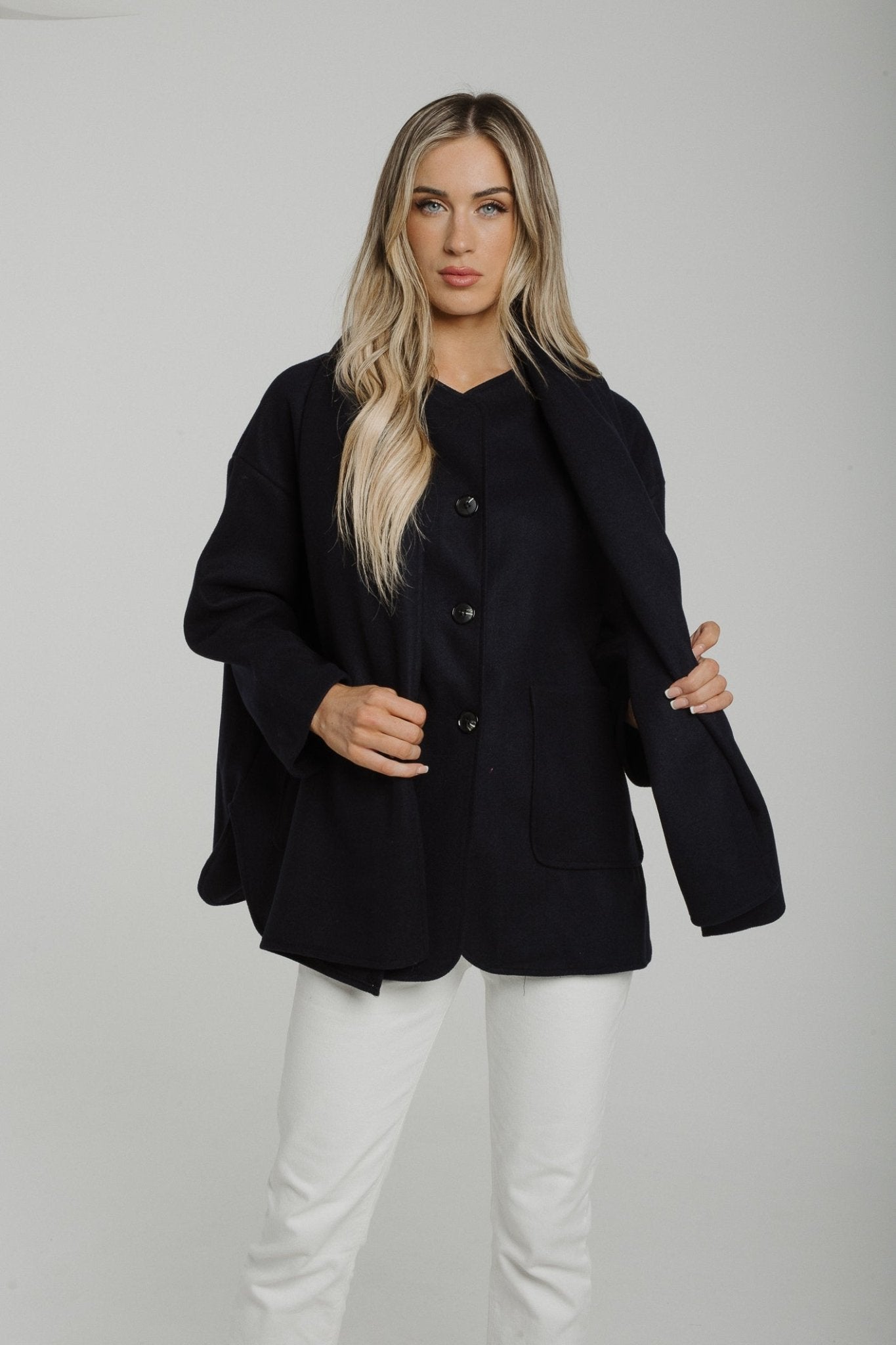Aria Jacket With Scarf In Navy - The Walk in Wardrobe