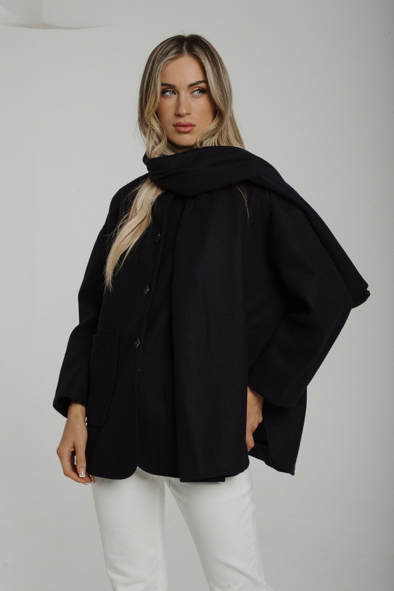 Aria Jacket With Scarf In Navy - The Walk in Wardrobe
