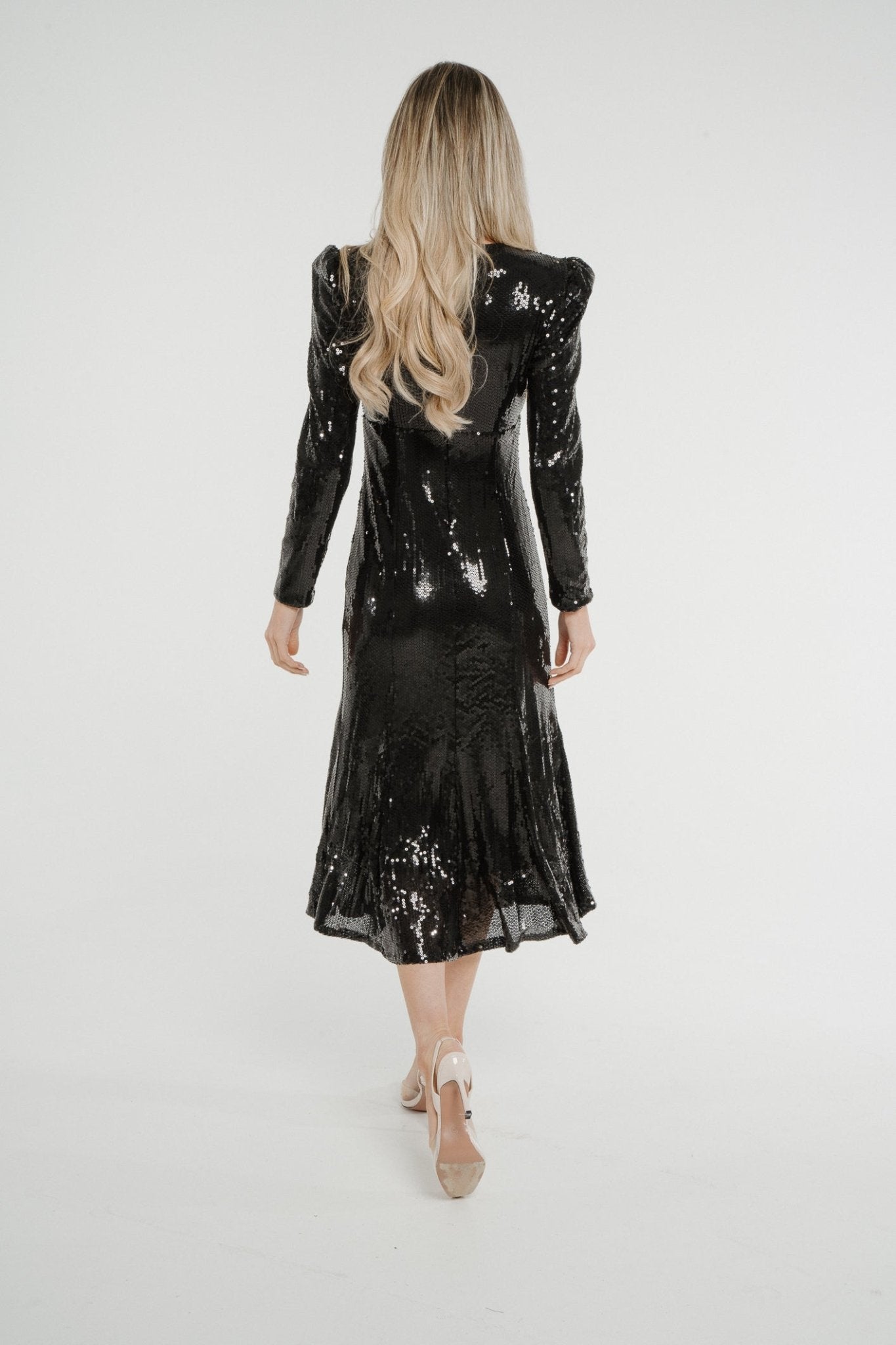 Aria Sequin Midi Dress In Black - The Walk in Wardrobe
