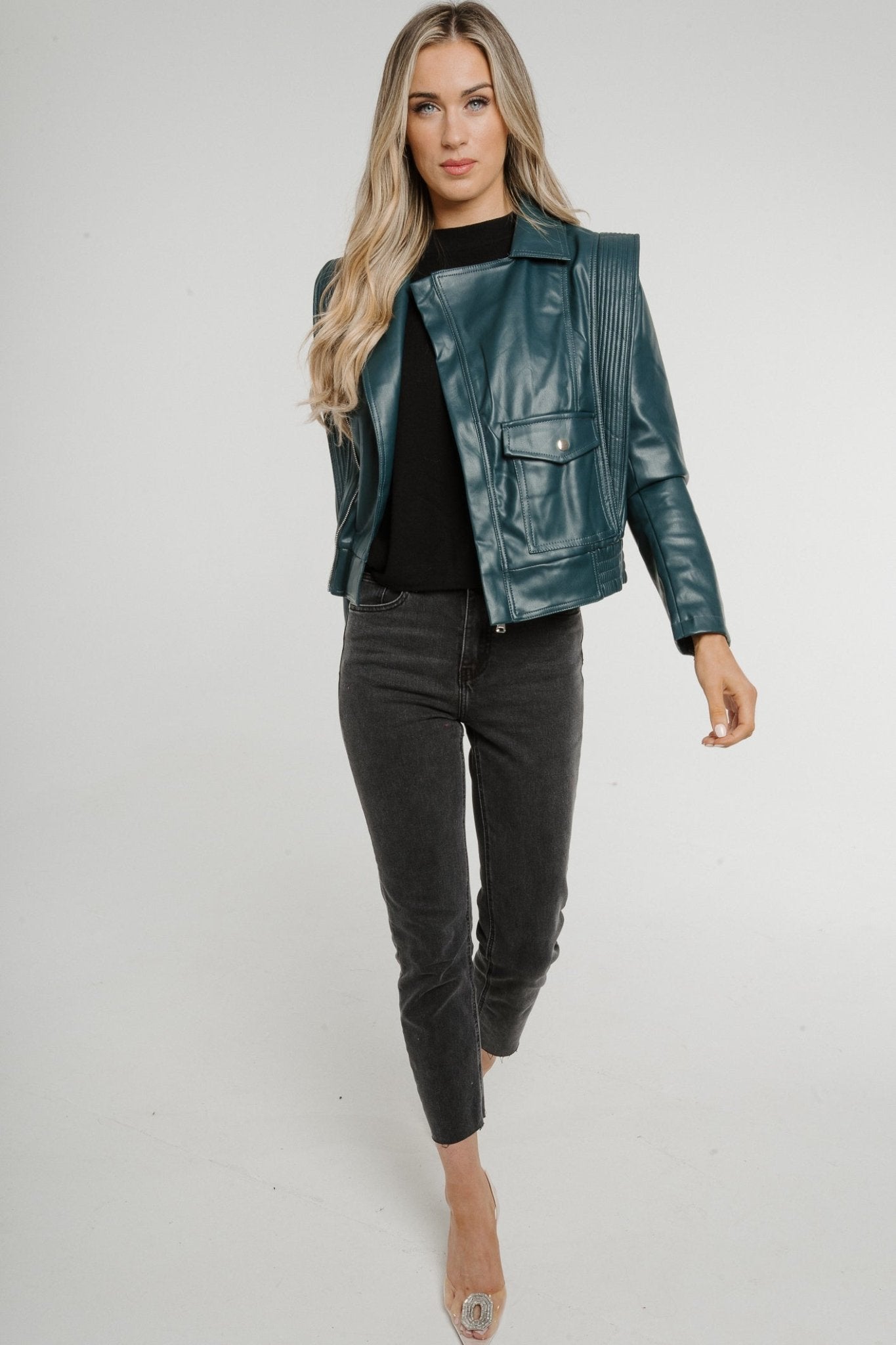 Becca Faux Leather Jacket In Teal - The Walk in Wardrobe