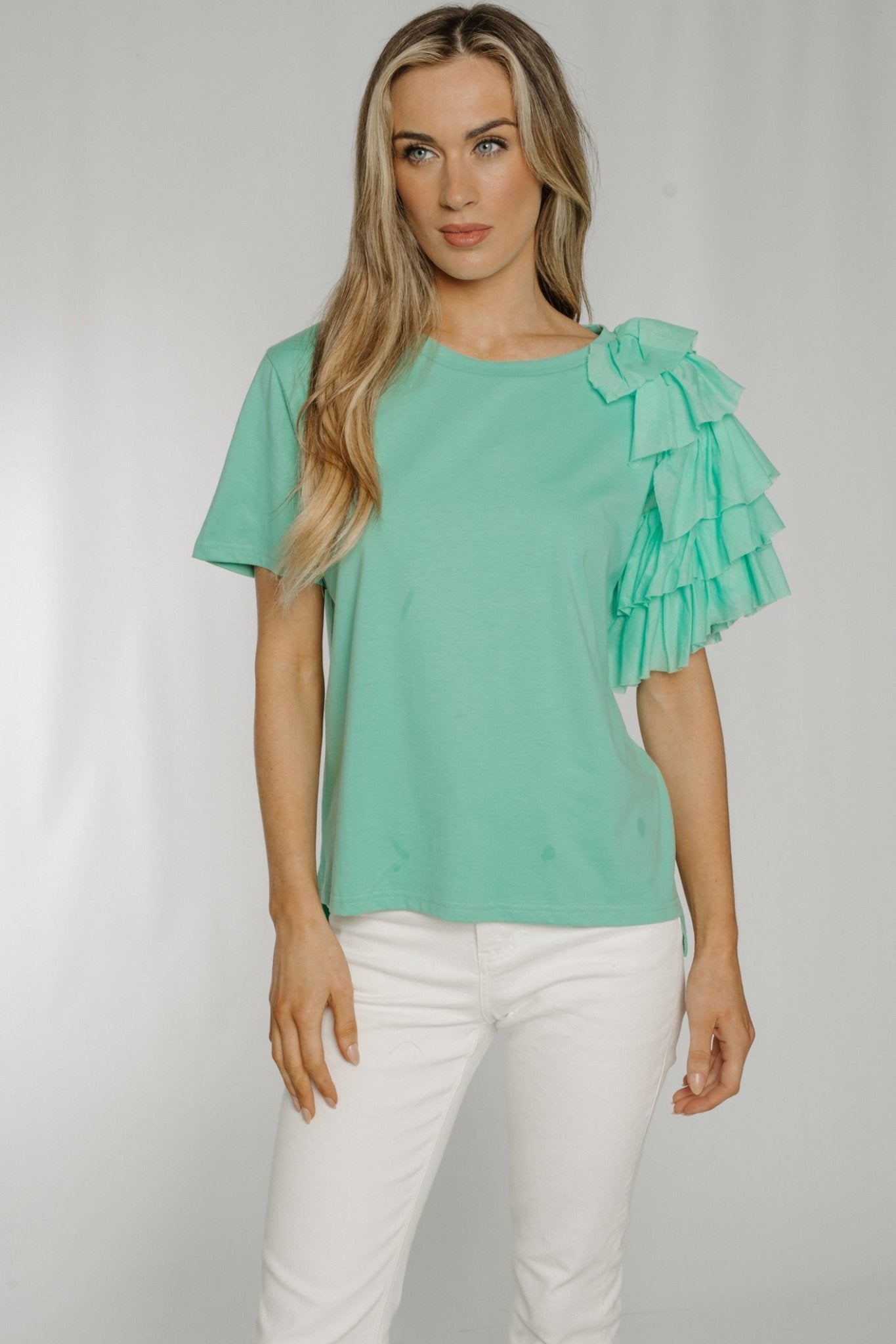 Becca Frill Shoulder T-Shirt In Mint - The Walk in Wardrobe