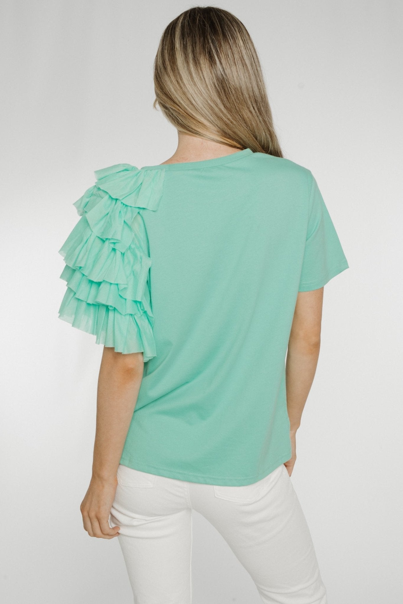 Becca Frill Shoulder T-Shirt In Mint - The Walk in Wardrobe