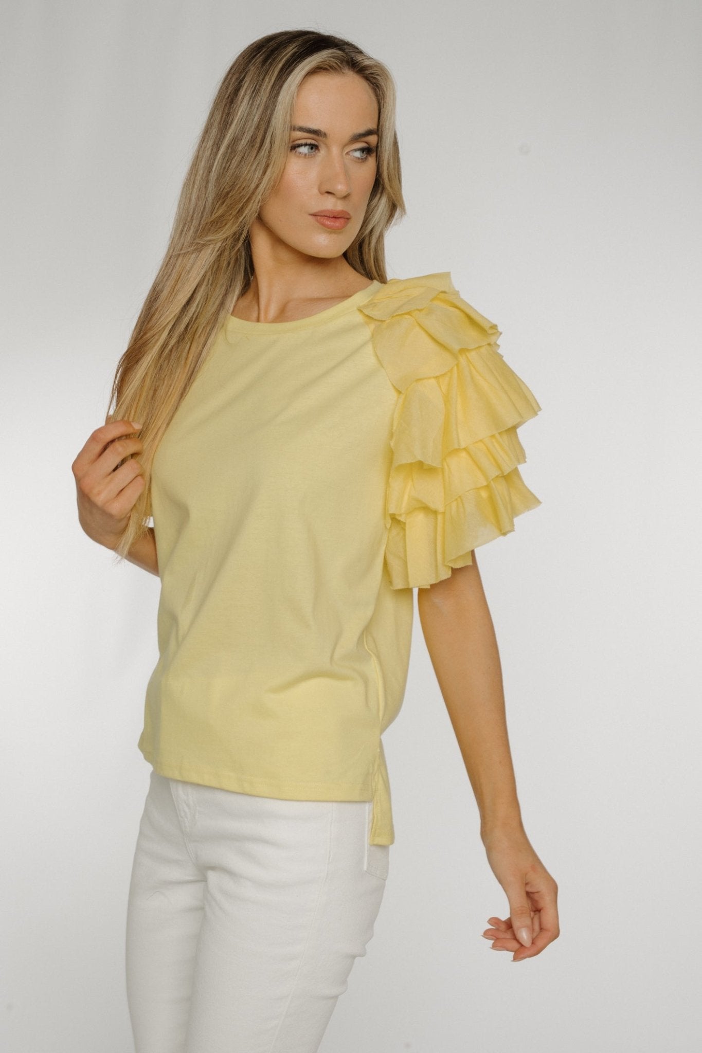 Becca Frill Shoulder T-shirt In Yellow - The Walk in Wardrobe