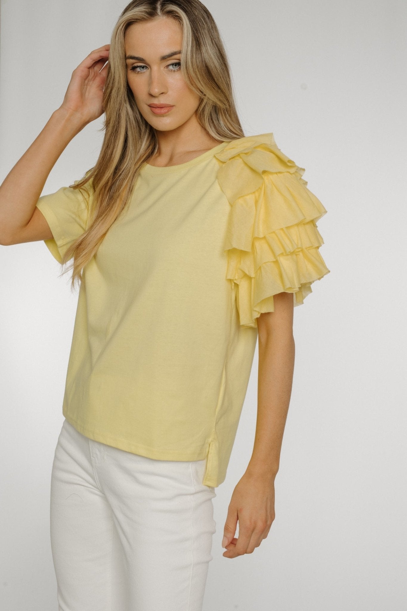 Becca Frill Shoulder T-shirt In Yellow - The Walk in Wardrobe