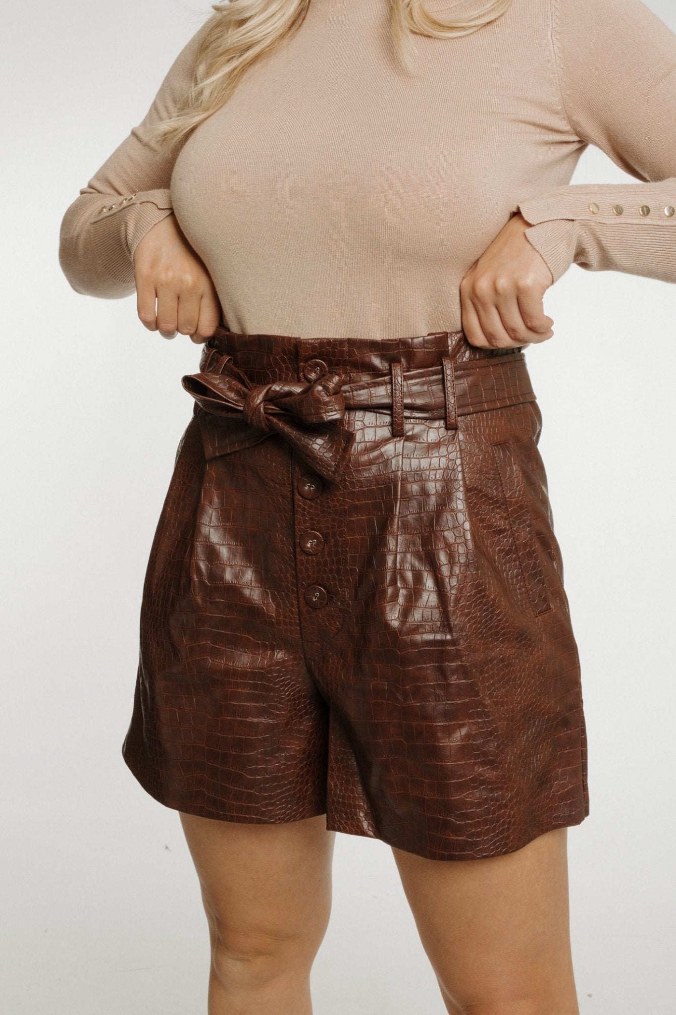 Becca Paper Bag Waist Shorts In Brown - The Walk in Wardrobe