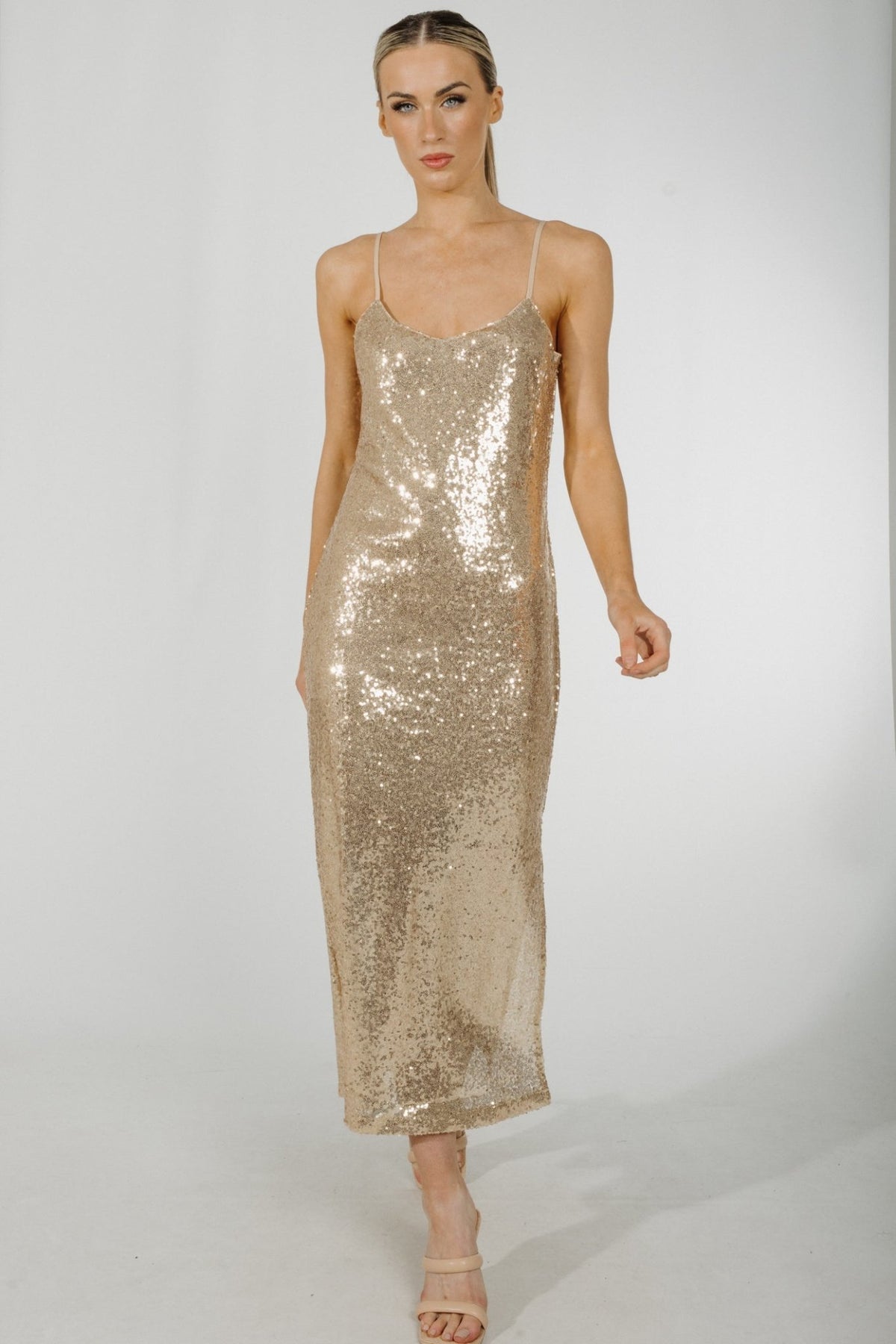 Becca Sequin Midi Dress In Gold - The Walk in Wardrobe