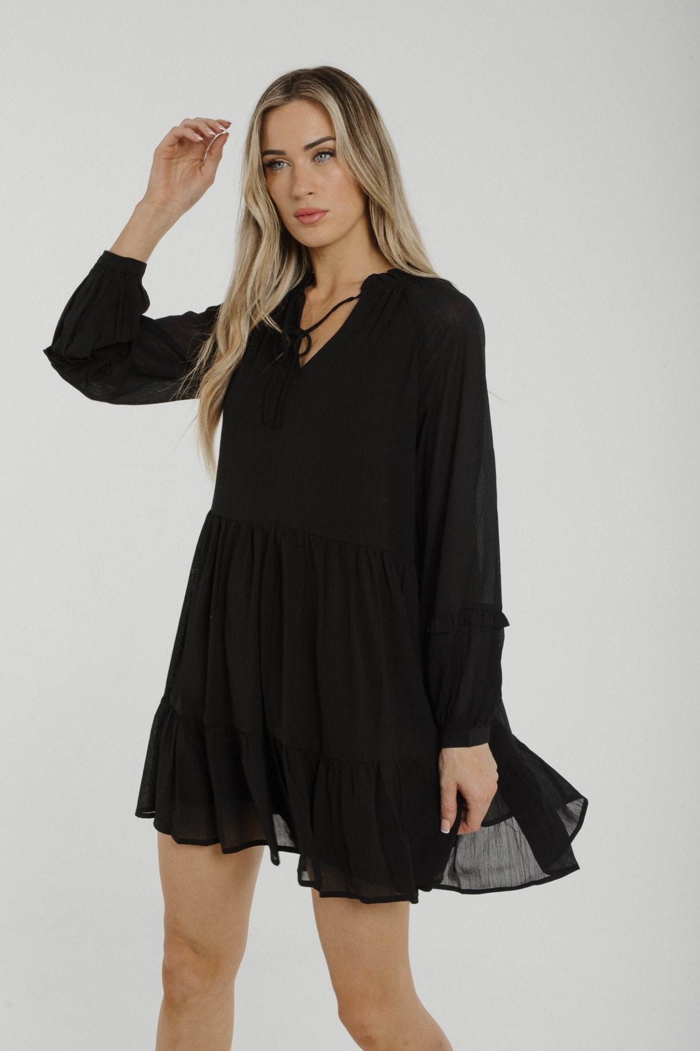 Becca Tiered Sheer Sleeve Dress In Black - The Walk in Wardrobe