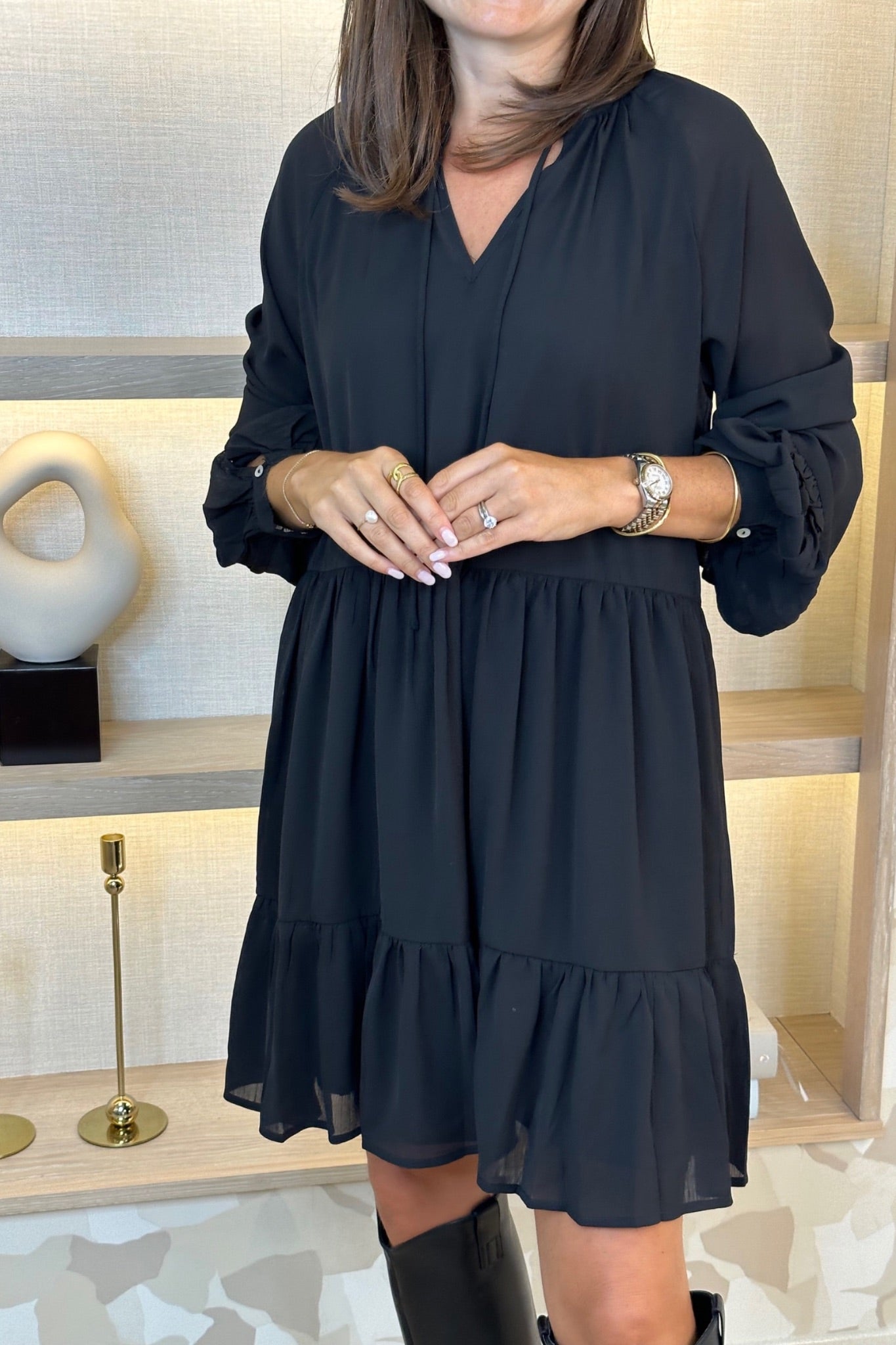Becca Tiered Sheer Sleeve Dress In Black - The Walk in Wardrobe