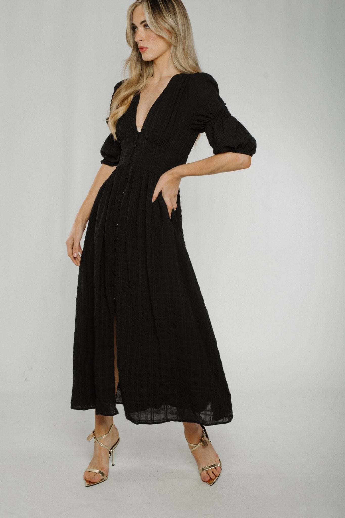Caitlyn Button Front Midi Dress In Black - The Walk in Wardrobe