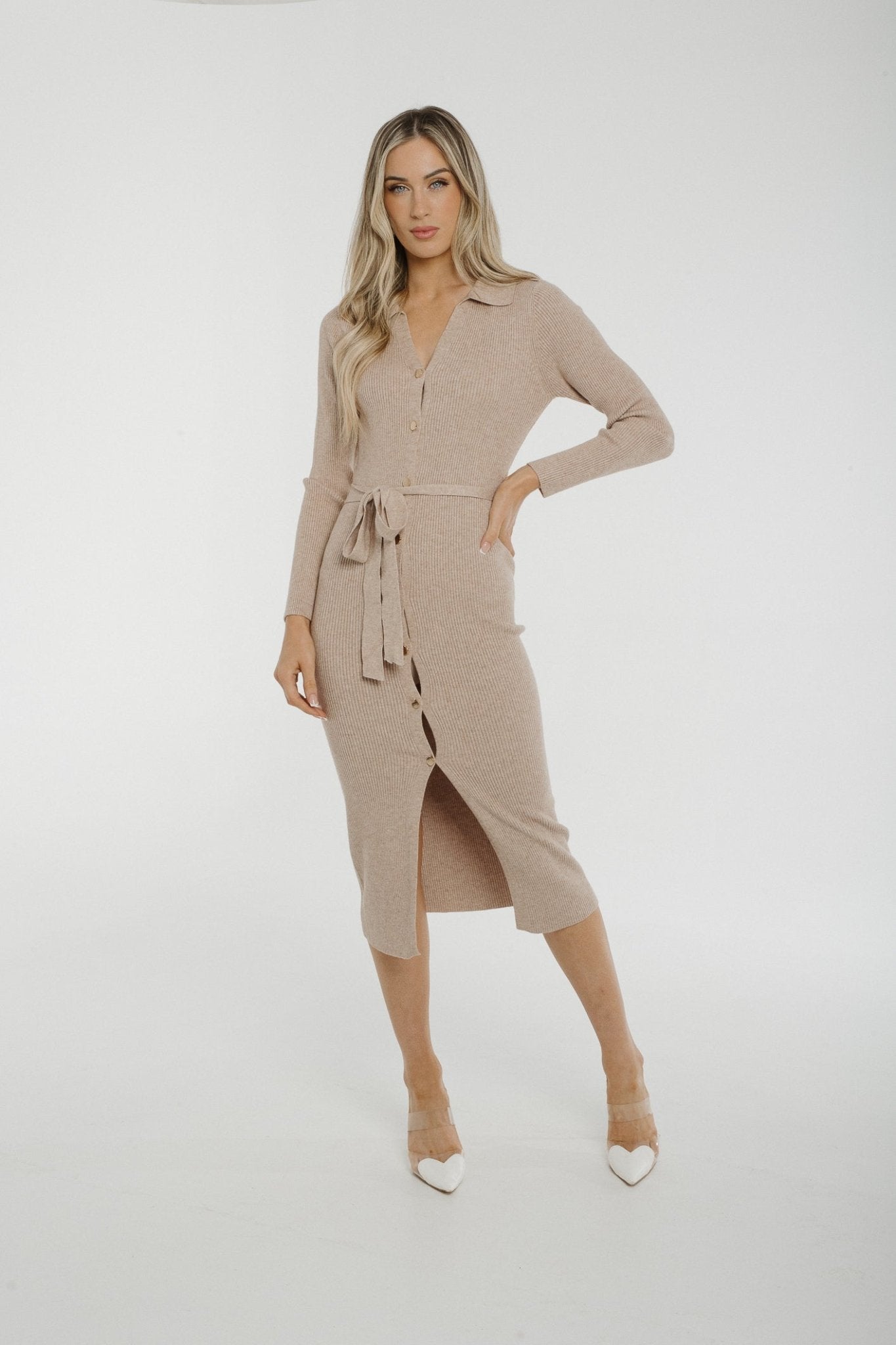 Caitlyn Button Front Ribbed Midi Dress In Oatmeal - The Walk in Wardrobe