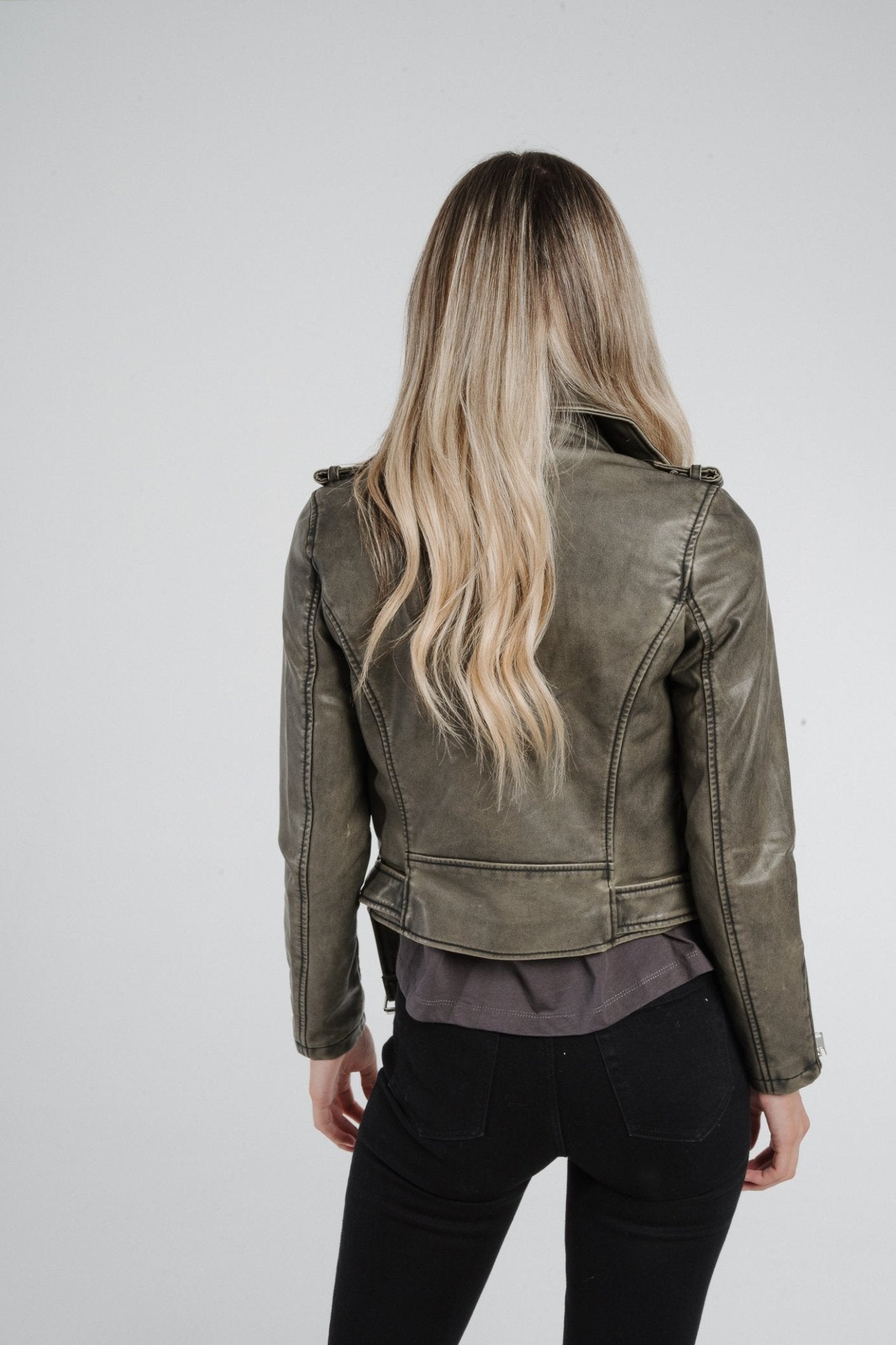 Caitlyn Distressed Leather Jacket In Green - The Walk in Wardrobe