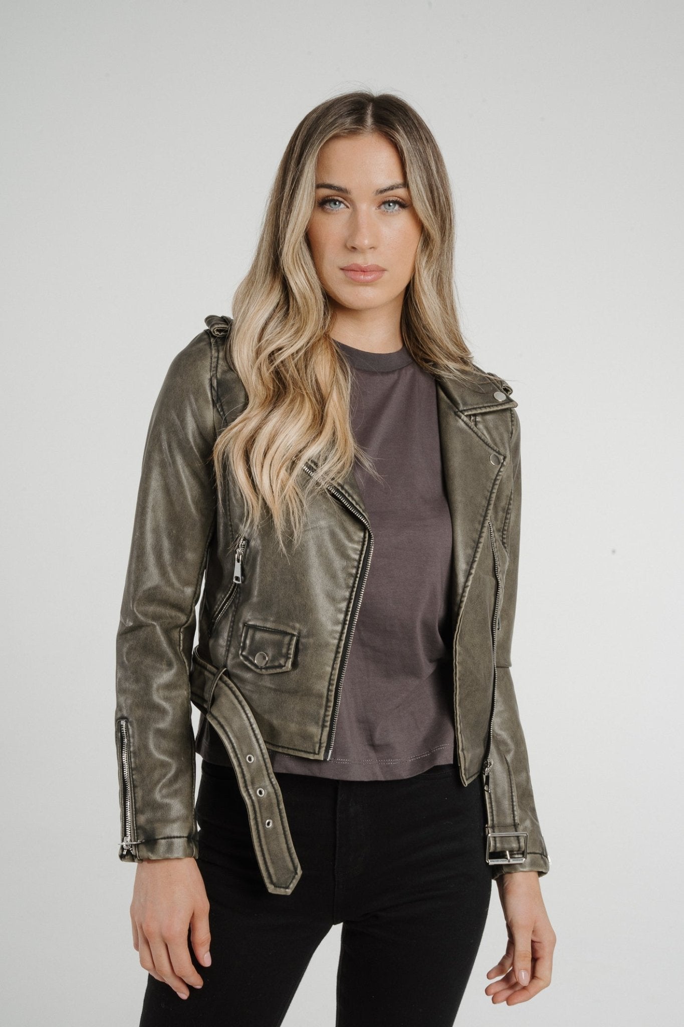 Caitlyn Distressed Leather Jacket In Green - The Walk in Wardrobe