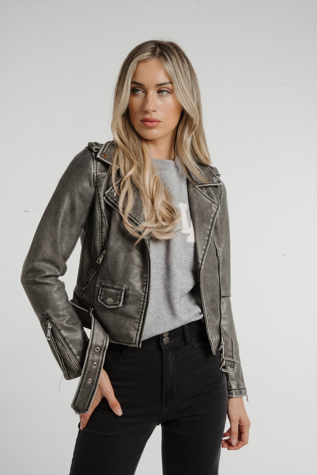 Caitlyn Distressed Leather Jacket In Grey Mix - The Walk in Wardrobe