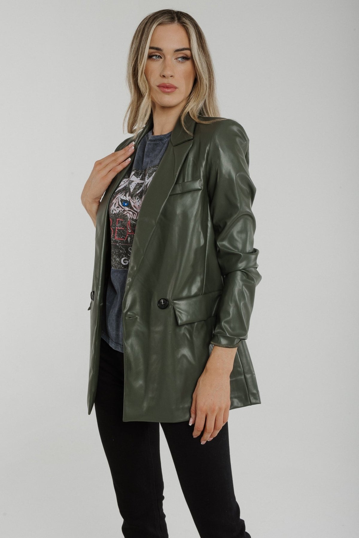Caitlyn Faux Leather Blazer In Khaki - The Walk in Wardrobe