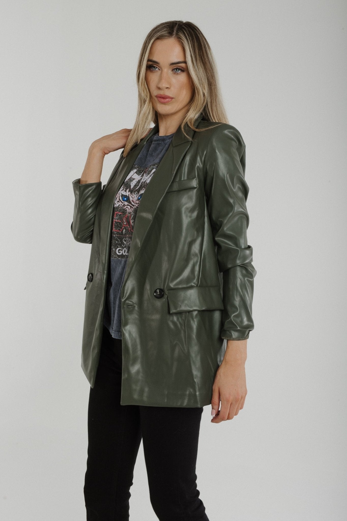 Caitlyn Faux Leather Blazer In Khaki - The Walk in Wardrobe