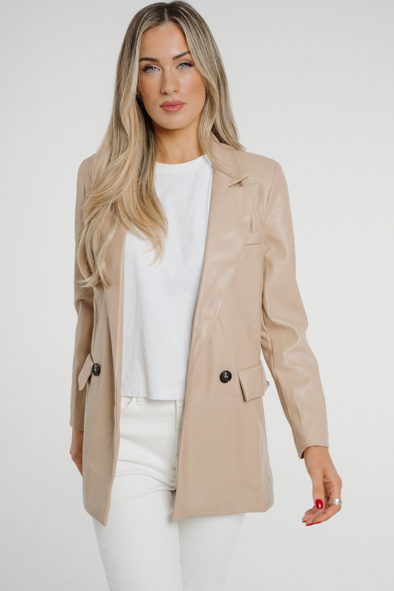 Caitlyn Faux Leather Blazer In Neutral - The Walk in Wardrobe