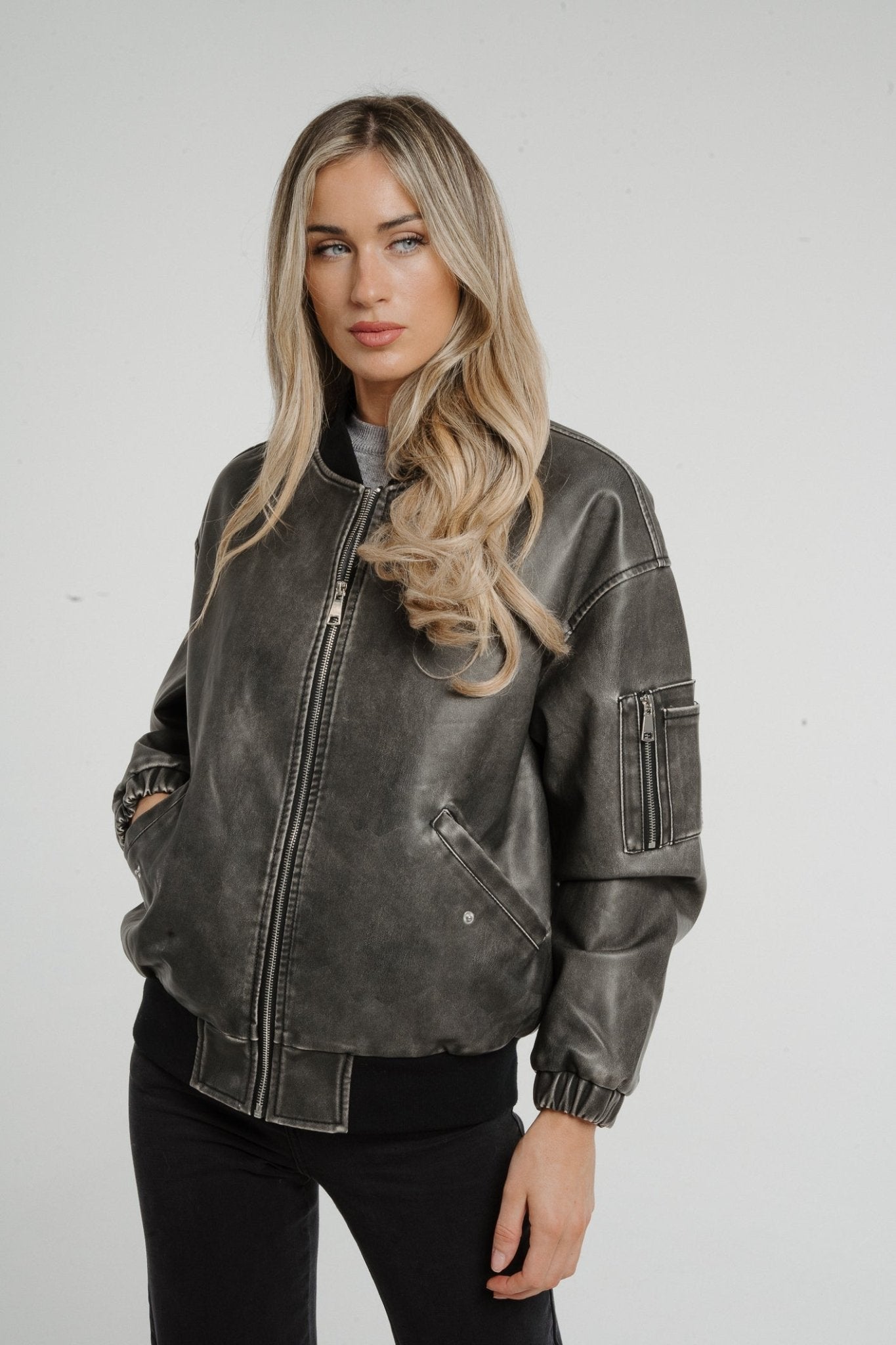 Caitlyn Faux Leather Bomber Jacket In Grey Mix - The Walk in Wardrobe