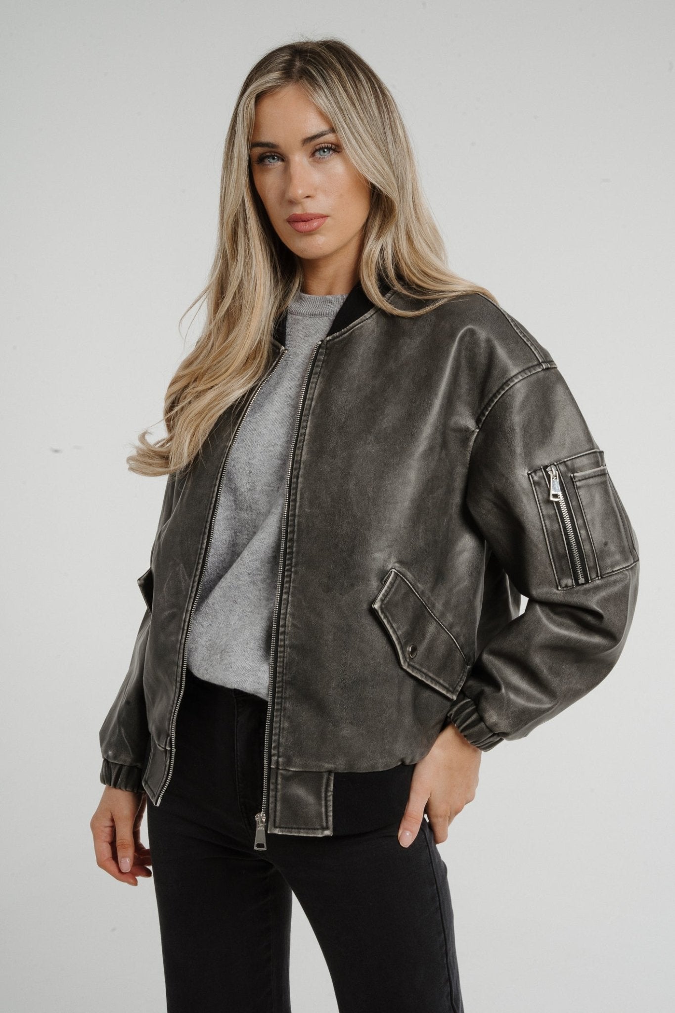Caitlyn Faux Leather Bomber Jacket In Grey Mix - The Walk in Wardrobe