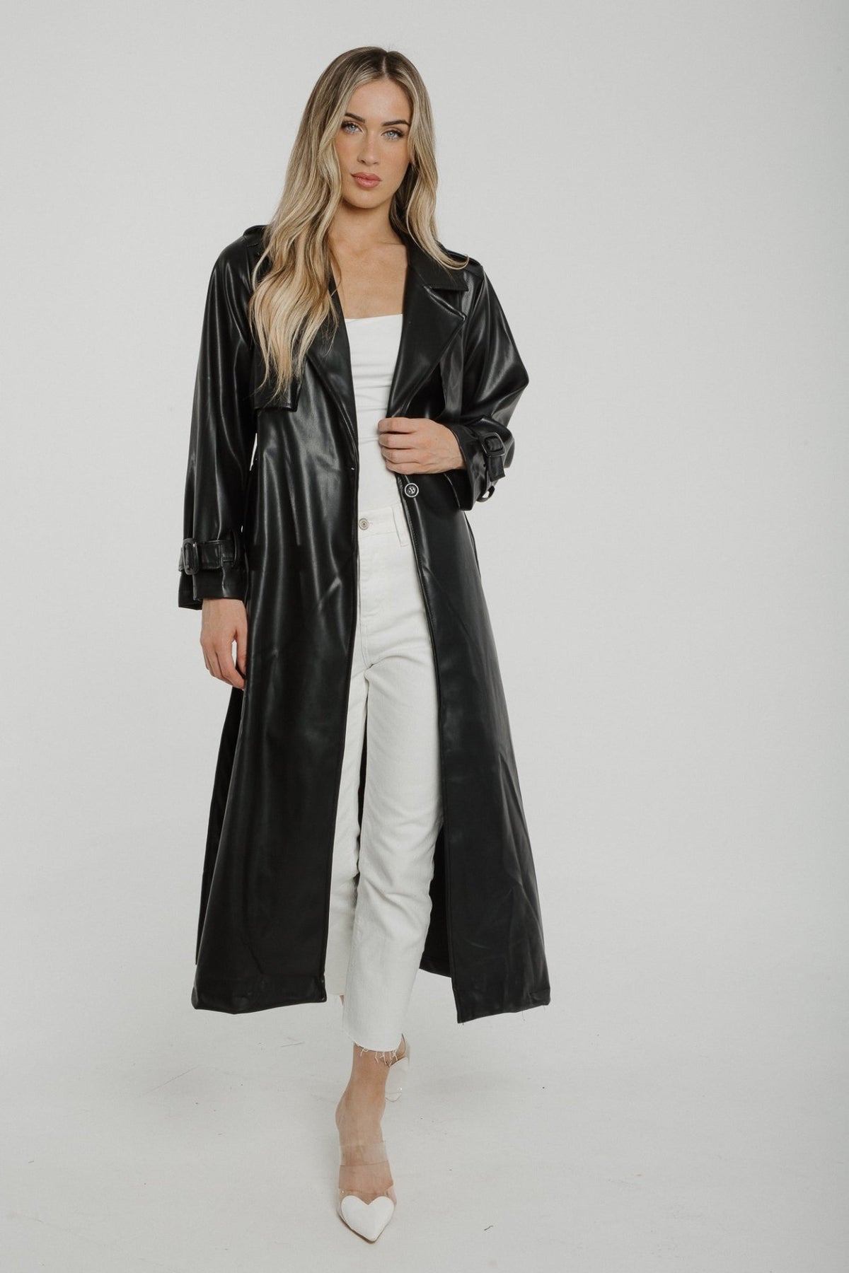 Caitlyn Faux Leather Trench Coat In Black - The Walk in Wardrobe