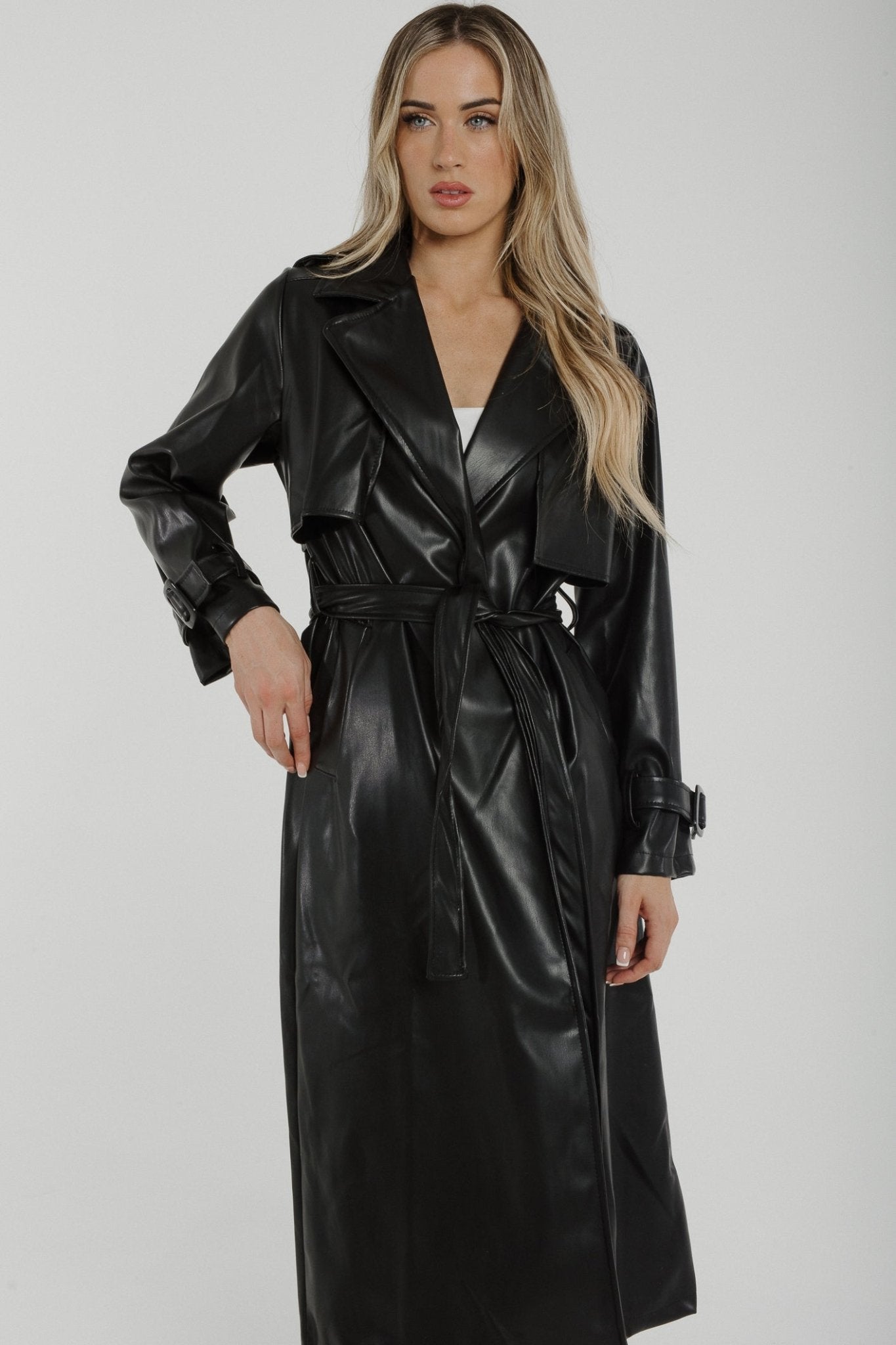 Caitlyn Faux Leather Trench Coat In Black - The Walk in Wardrobe