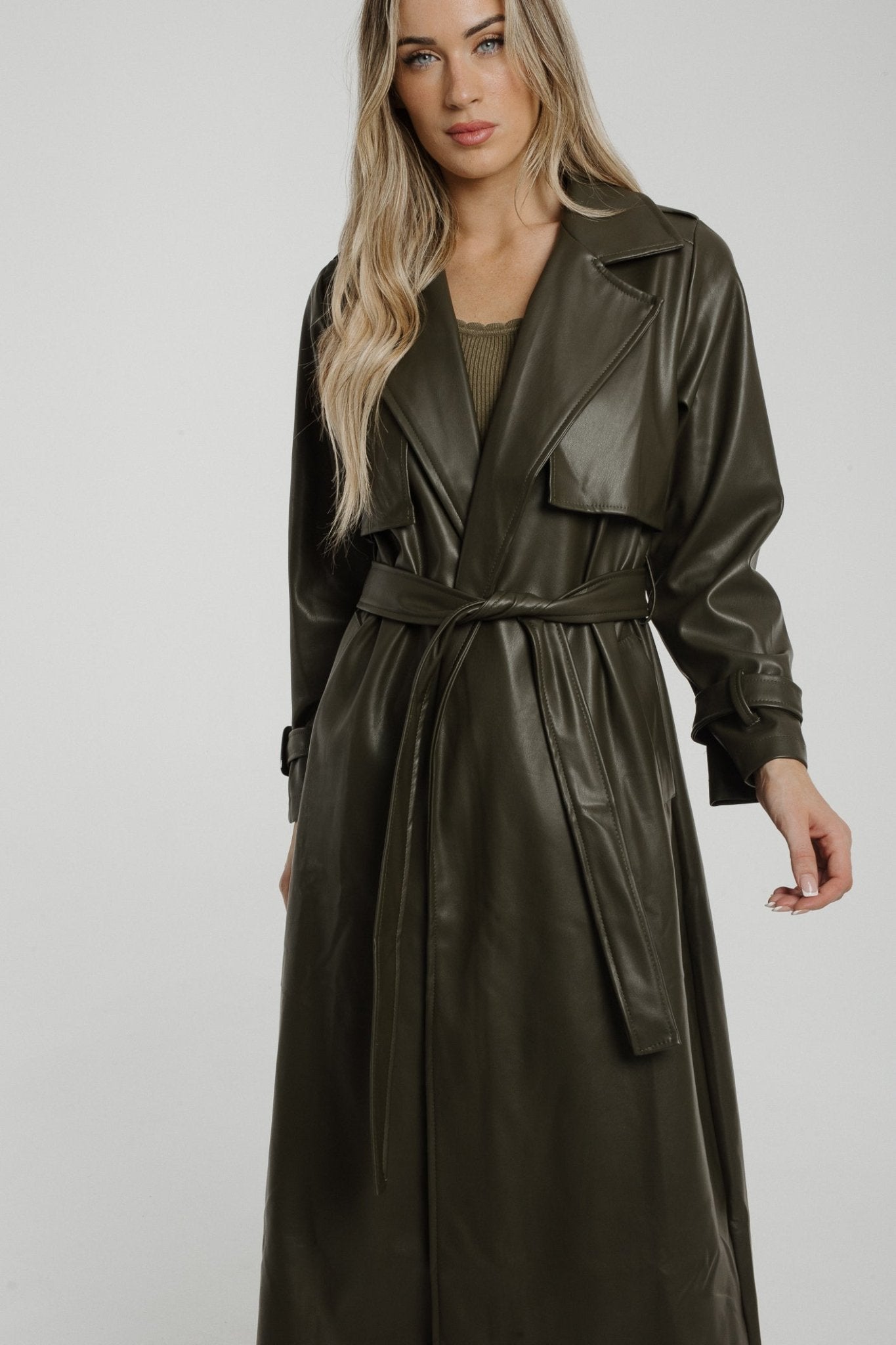 Caitlyn Faux Leather Trench Coat In Khaki - The Walk in Wardrobe