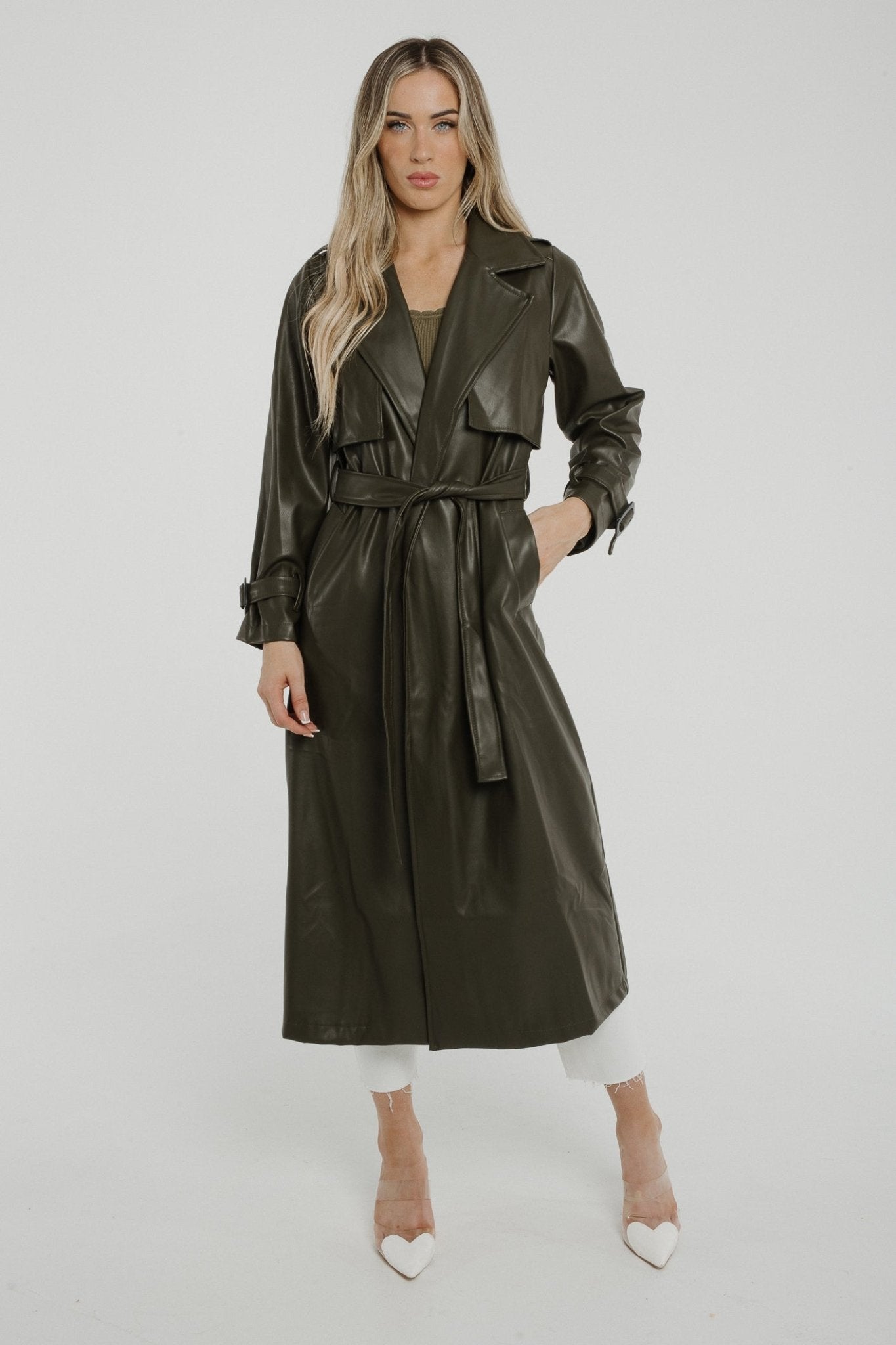 Caitlyn Faux Leather Trench Coat In Khaki - The Walk in Wardrobe