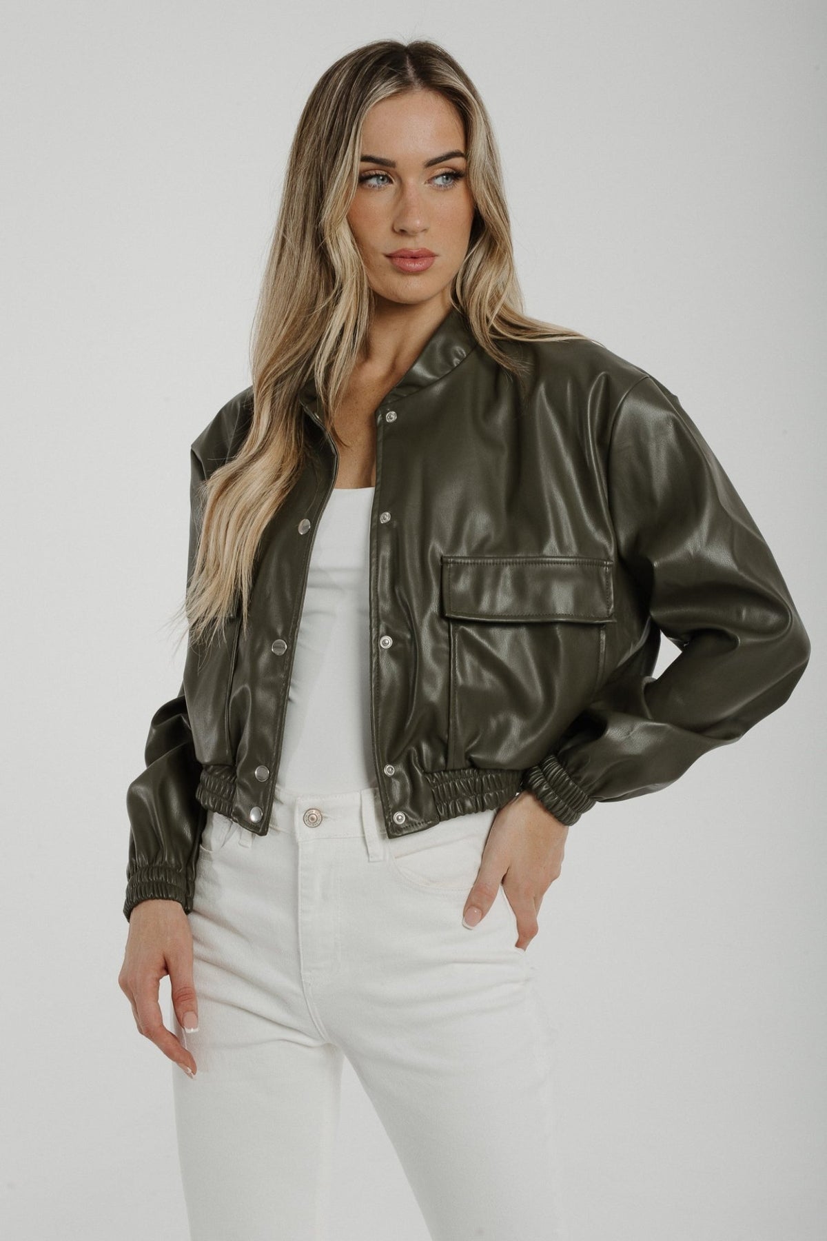 Caitlyn Leather Look Jacket In Khaki - The Walk in Wardrobe