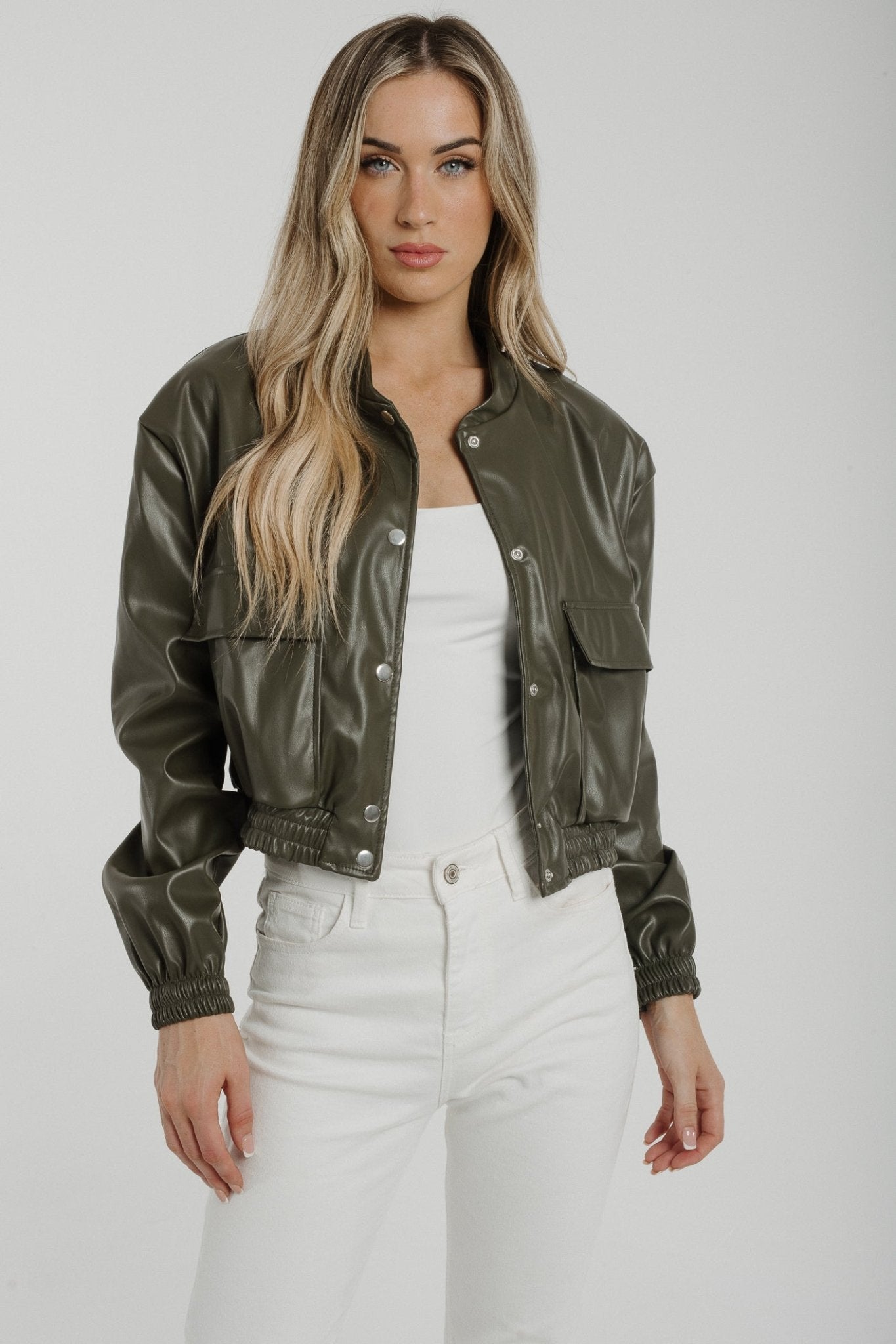 Caitlyn Leather Look Jacket In Khaki - The Walk in Wardrobe