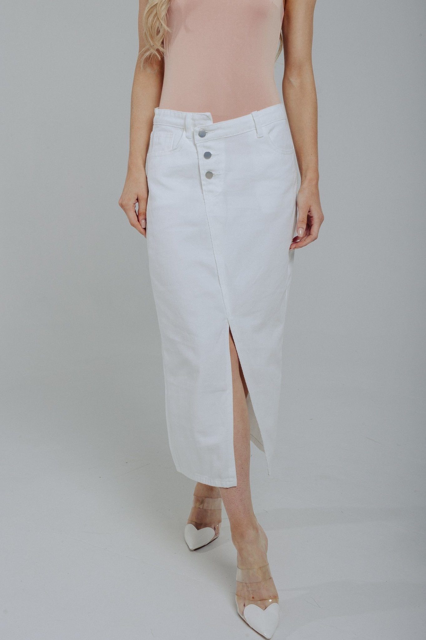 Caitlyn Midi Skirt In White Denim - The Walk in Wardrobe