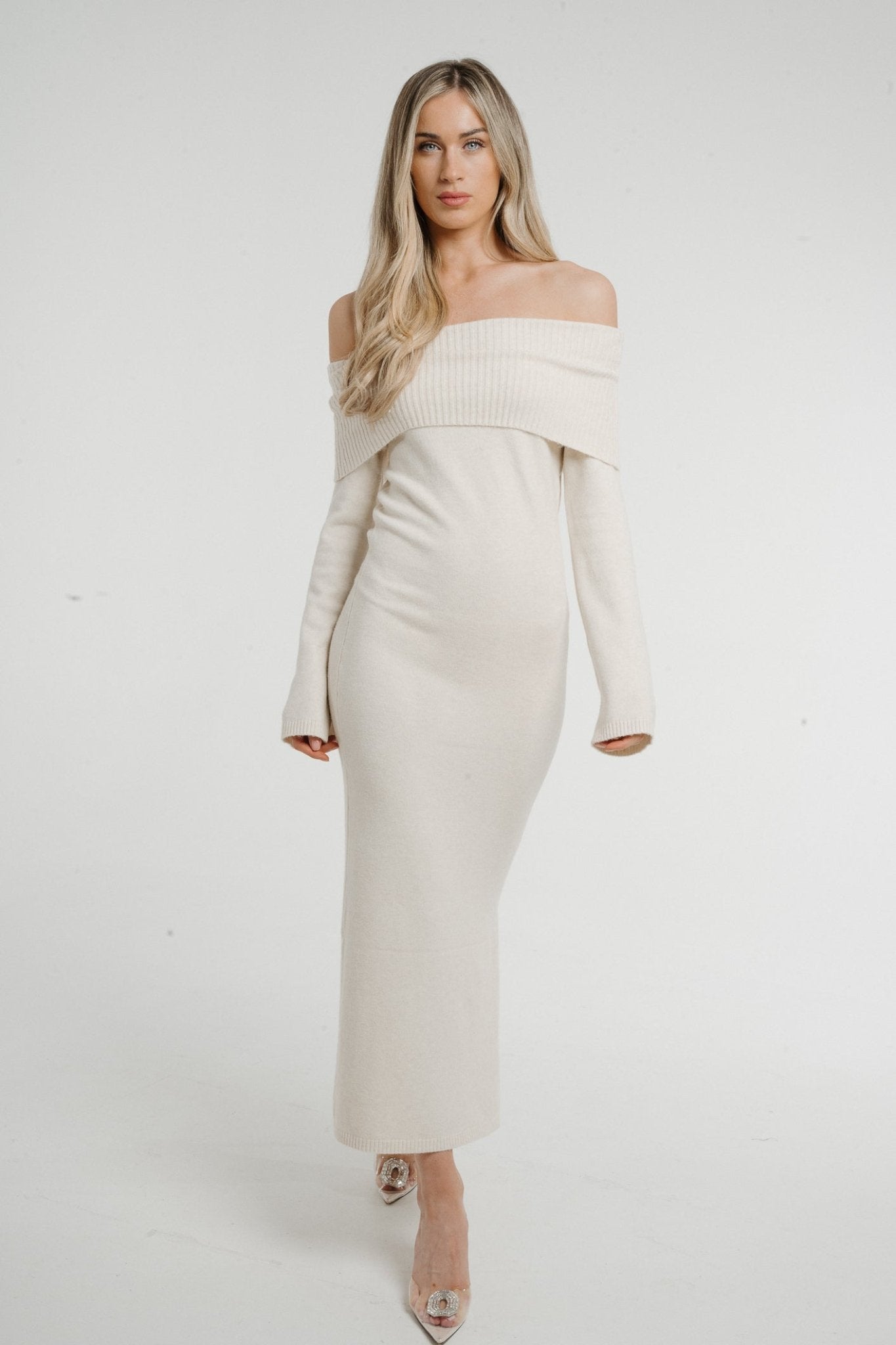 Caitlyn Off Shoulder Knit Dress In Beige - The Walk in Wardrobe