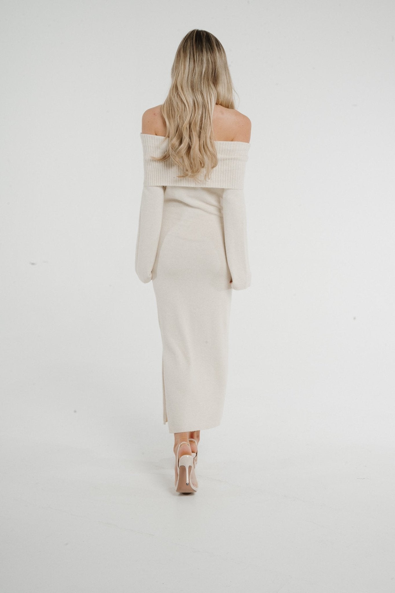 Caitlyn Off Shoulder Knit Dress In Beige - The Walk in Wardrobe