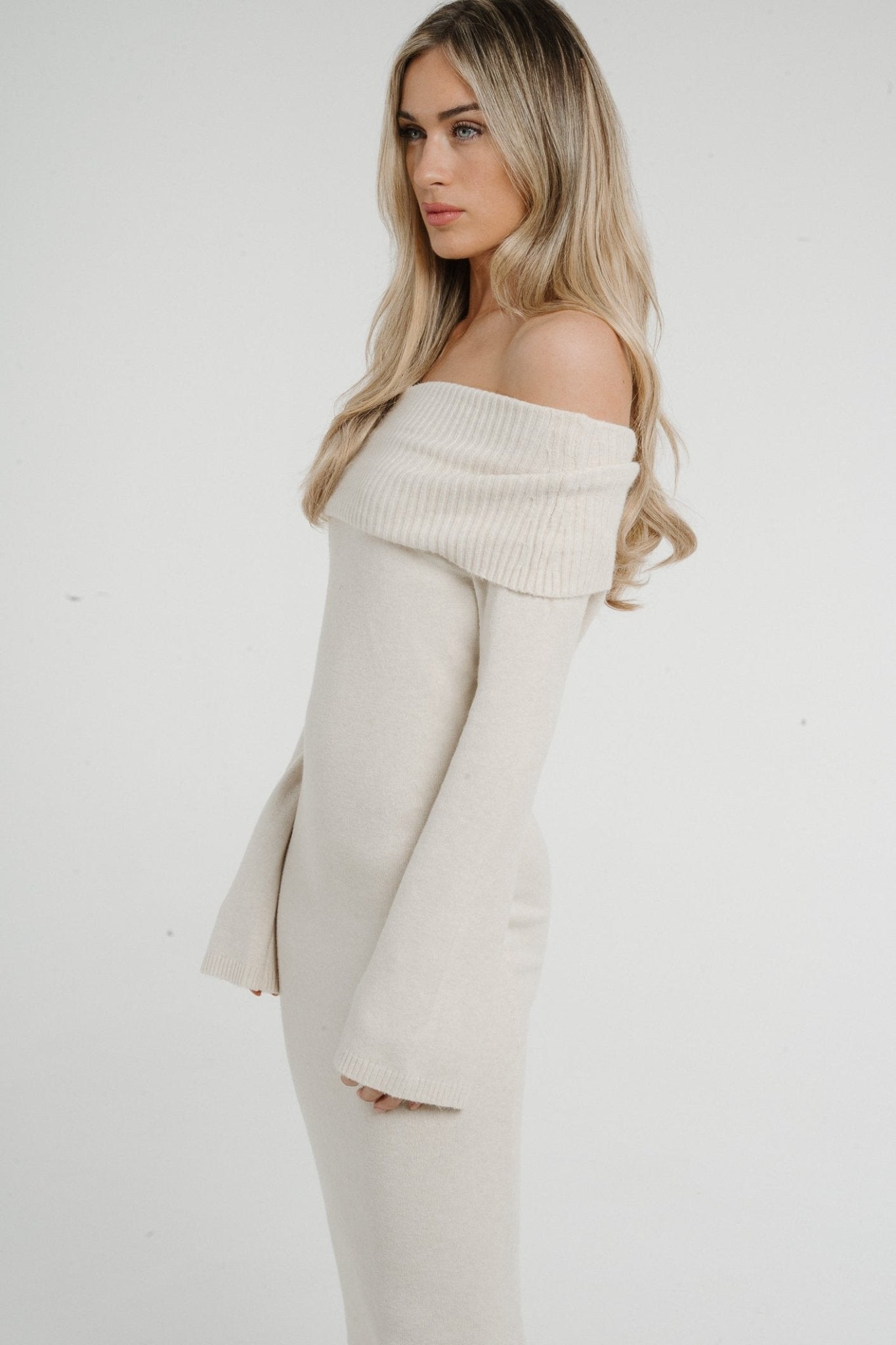 Caitlyn Off Shoulder Knit Dress In Beige - The Walk in Wardrobe