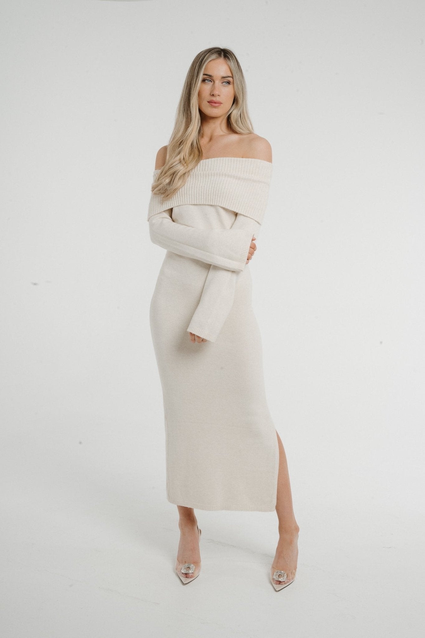 Caitlyn Off Shoulder Knit Dress In Beige - The Walk in Wardrobe