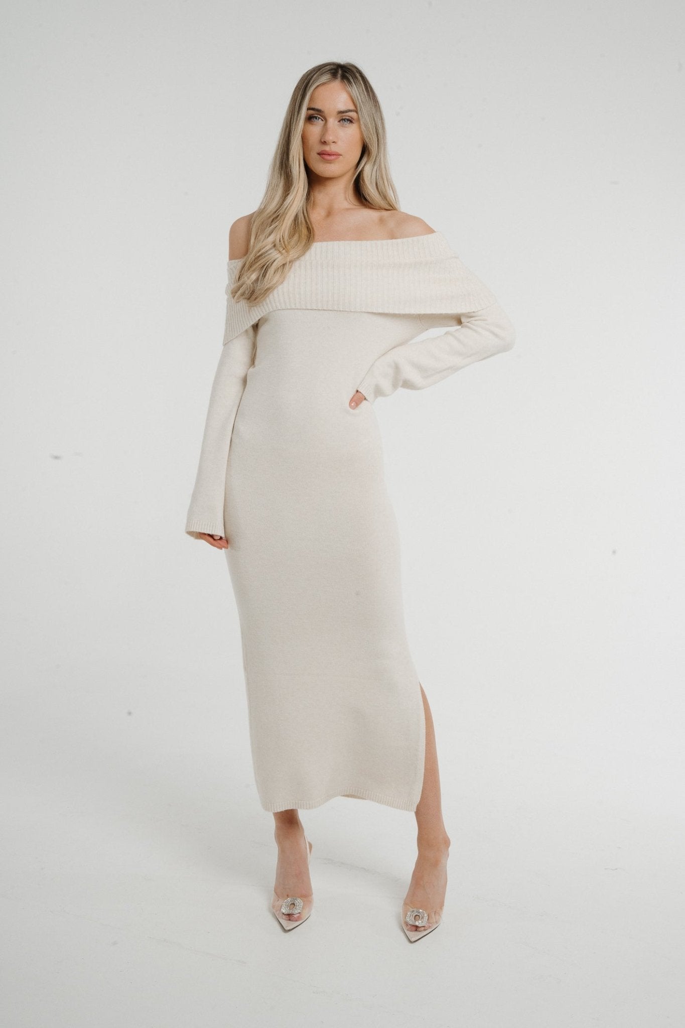 Caitlyn Off Shoulder Knit Dress In Beige - The Walk in Wardrobe