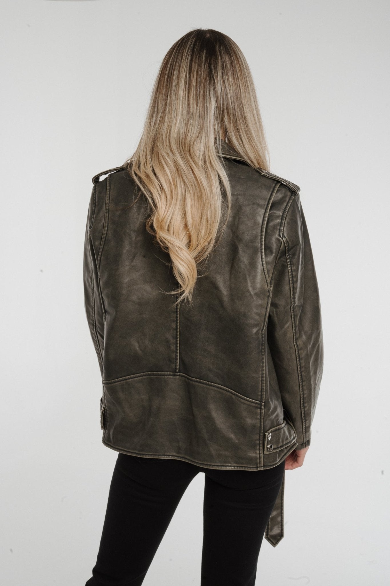 Caitlyn Oversized Distressed Leather Jacket In Green - The Walk in Wardrobe