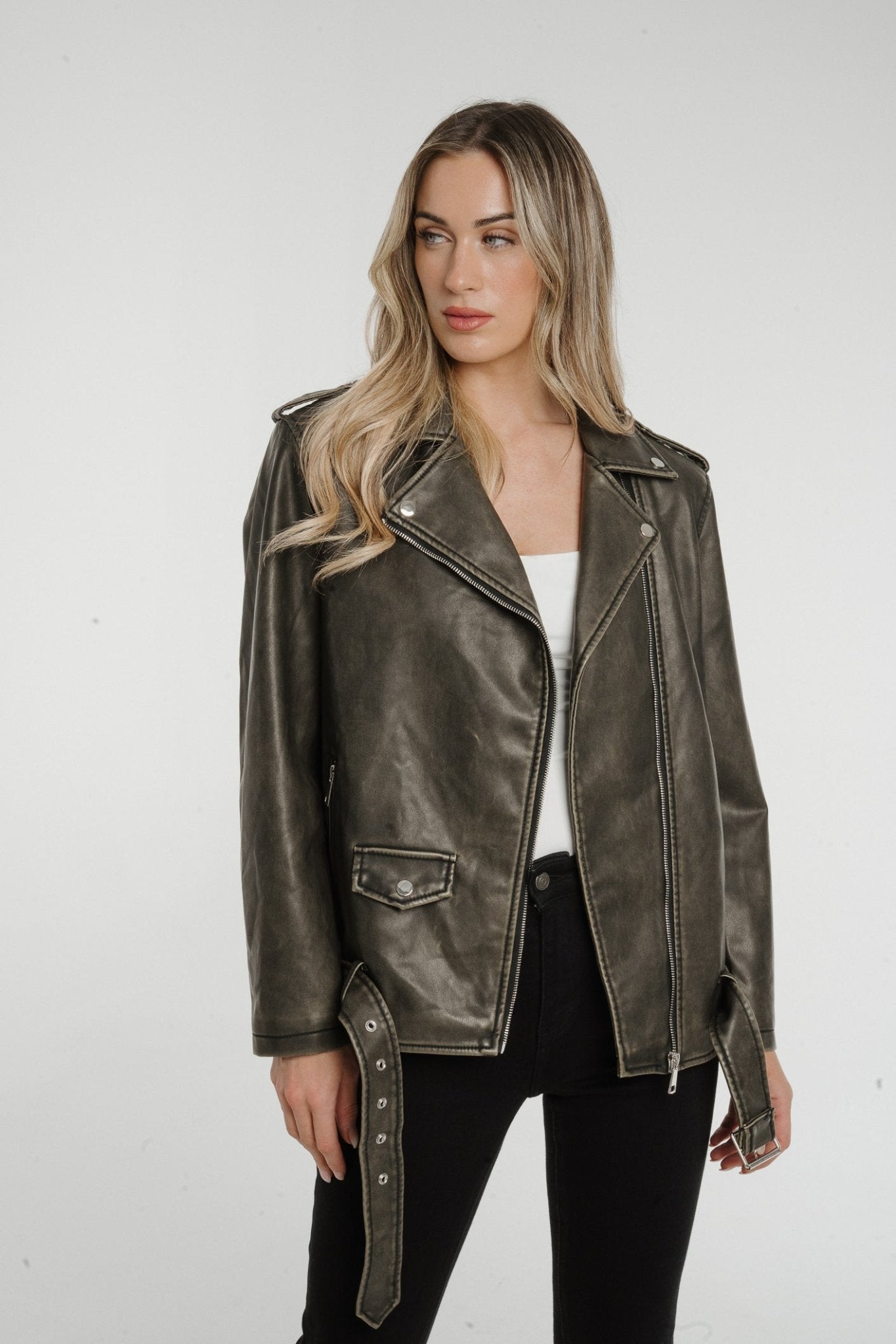 Caitlyn Oversized Distressed Leather Jacket In Green - The Walk in Wardrobe